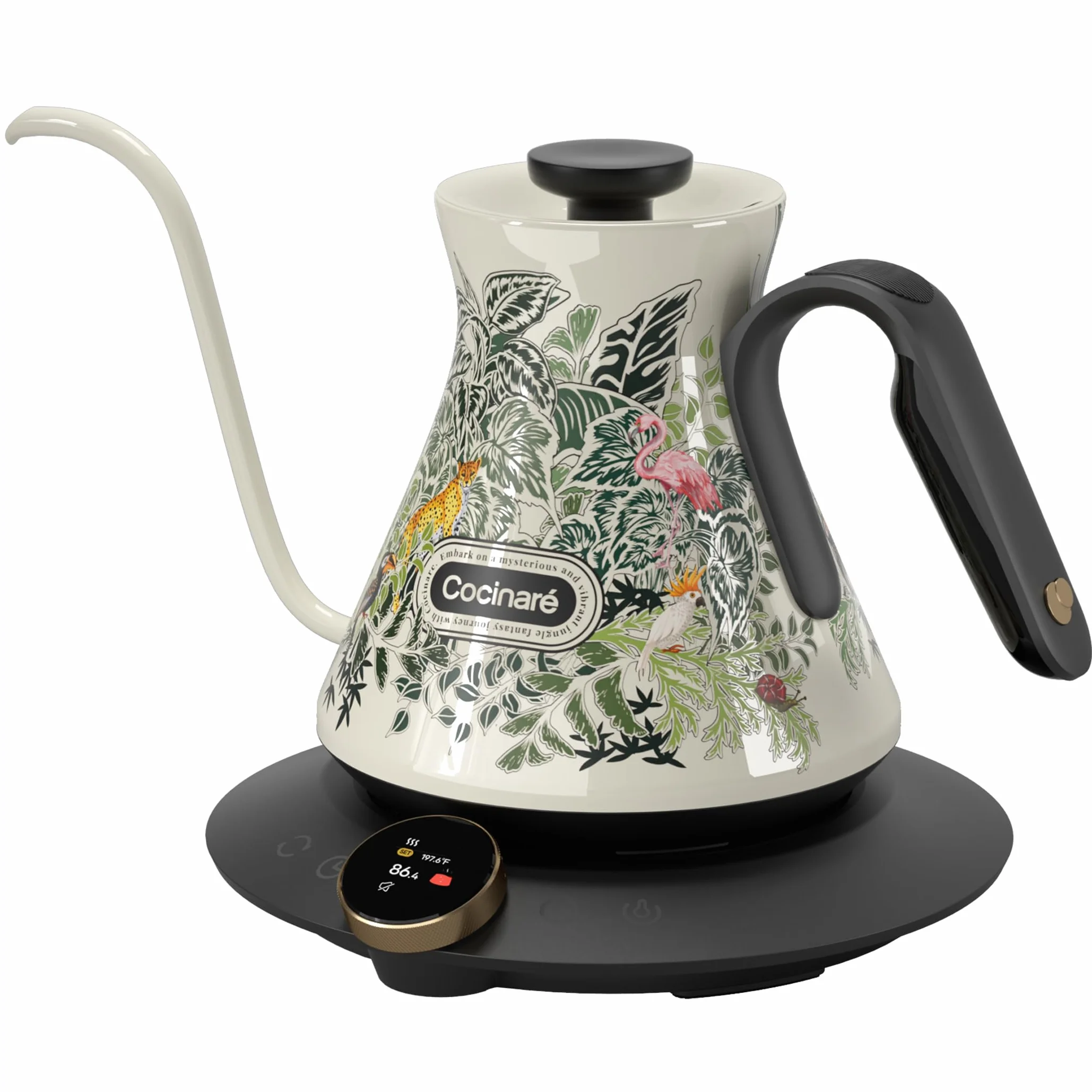 Gooseneck Electric Kettle, ±0.5°F Precise Temperature Control, 1500W Fast Heating, Pour-Over Coffee & Tea, Stainless Steel, 0.6L (Color-changing Jungle Design)