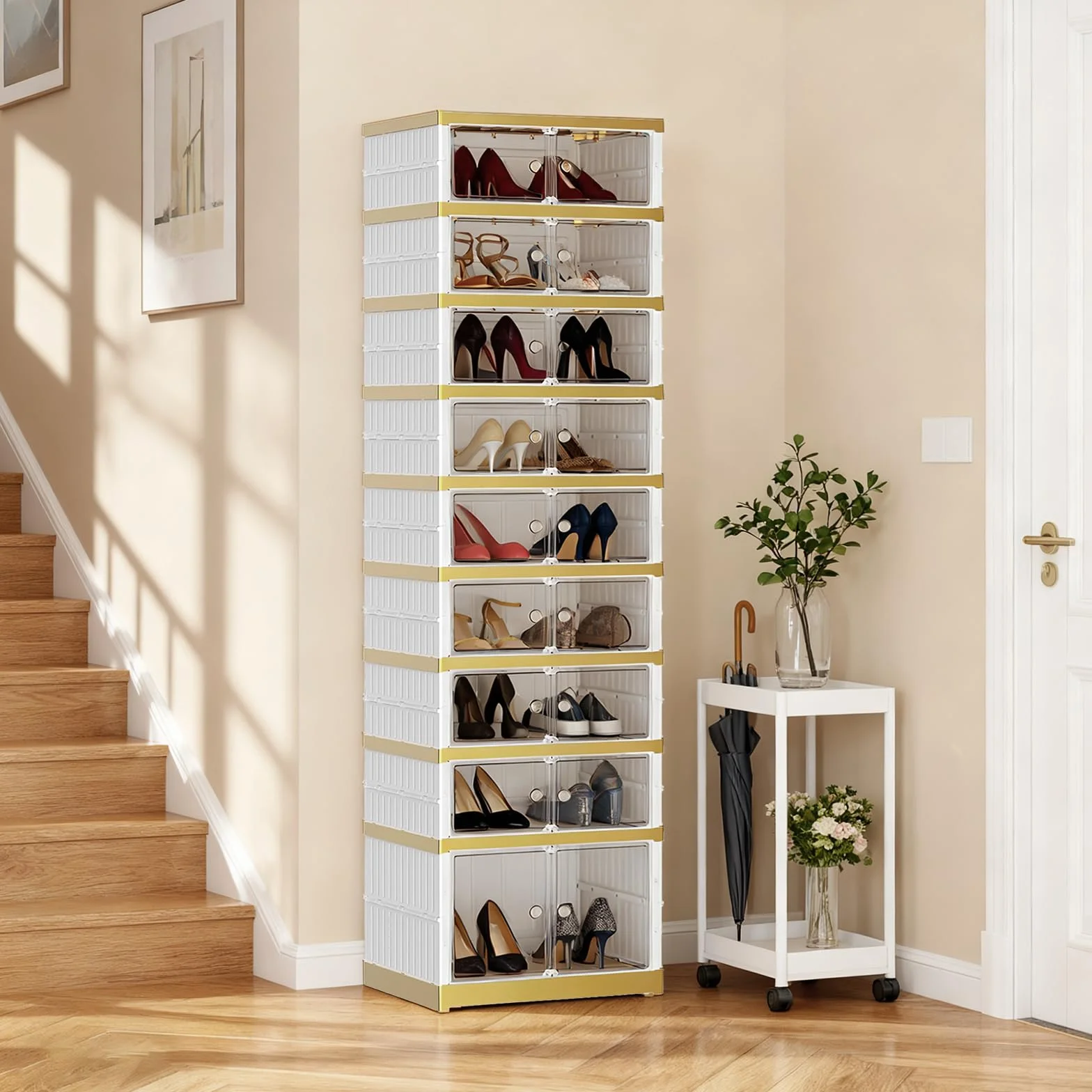 SYNCVIBE Foldable Shoe Rack, 9-Tier, 18 Pairs, 17.3" Wide, White Gold | Foldable Shoe Organizer, Collapsible Shoe Cabinet with Doors, Stackable Shoe Shelves for Closet, Entryway and Living Room