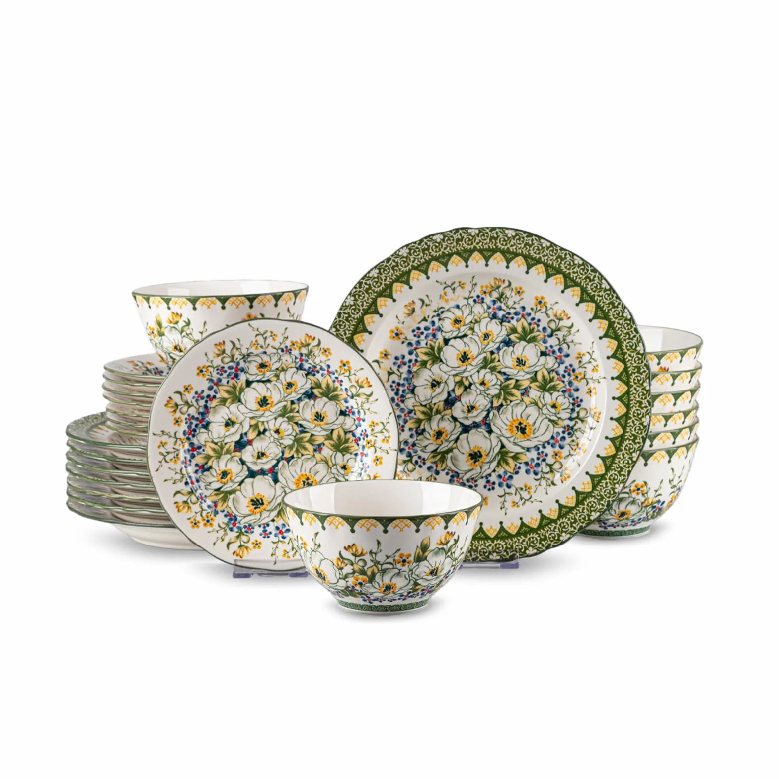 24-Piece Dinnerware Set for 8, Porcelain Plates and Bowls Sets, Polish Jasmine Floral Pattern Bohemian Dishes, Scratch-Resistant Ceramic Dish Set, Microwave & Dishwasher Safe