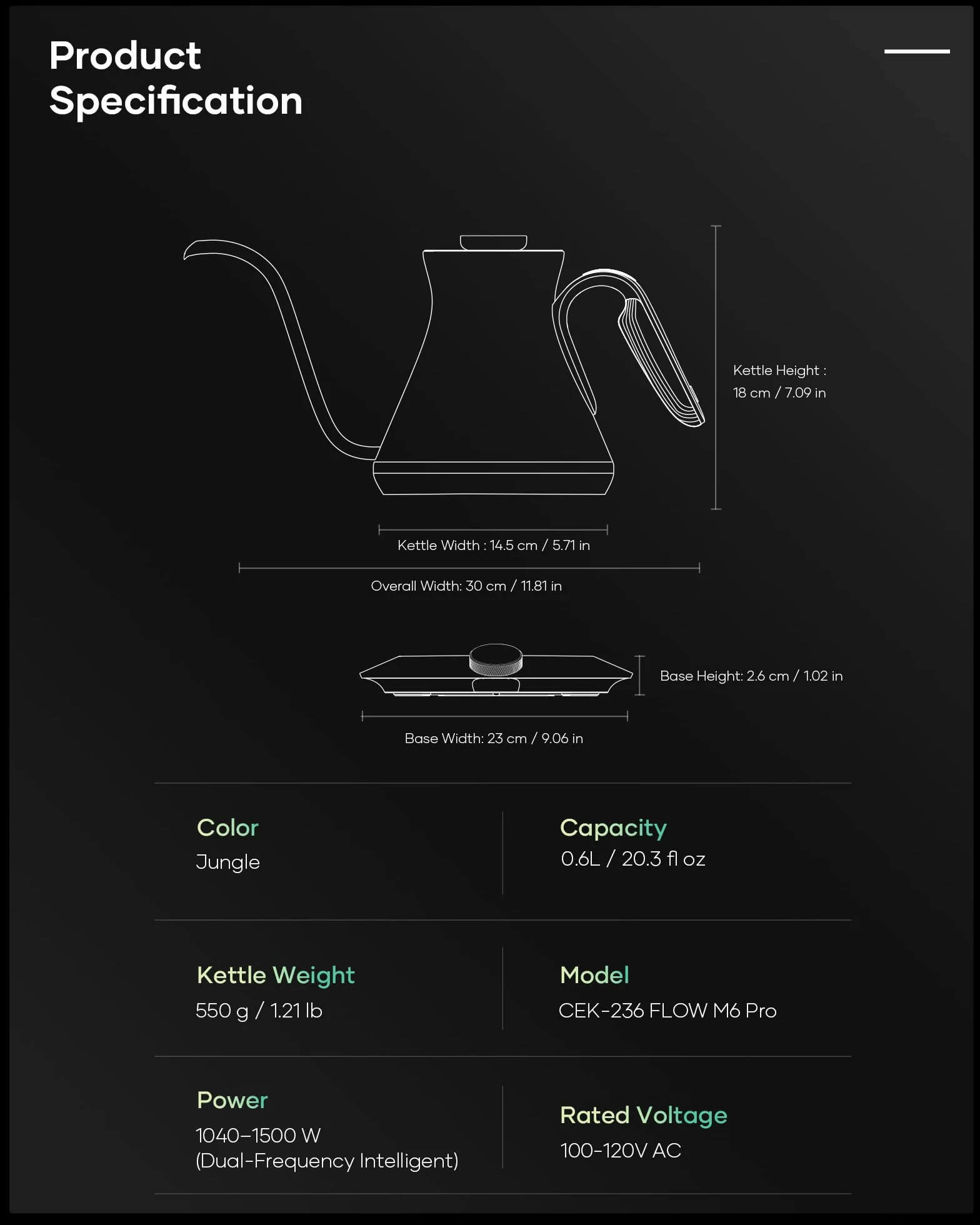 Gooseneck Electric Kettle, ±0.5°F Precise Temperature Control, 1500W Fast Heating, Pour-Over Coffee & Tea, Stainless Steel, 0.6L (Color-changing Jungle Design)