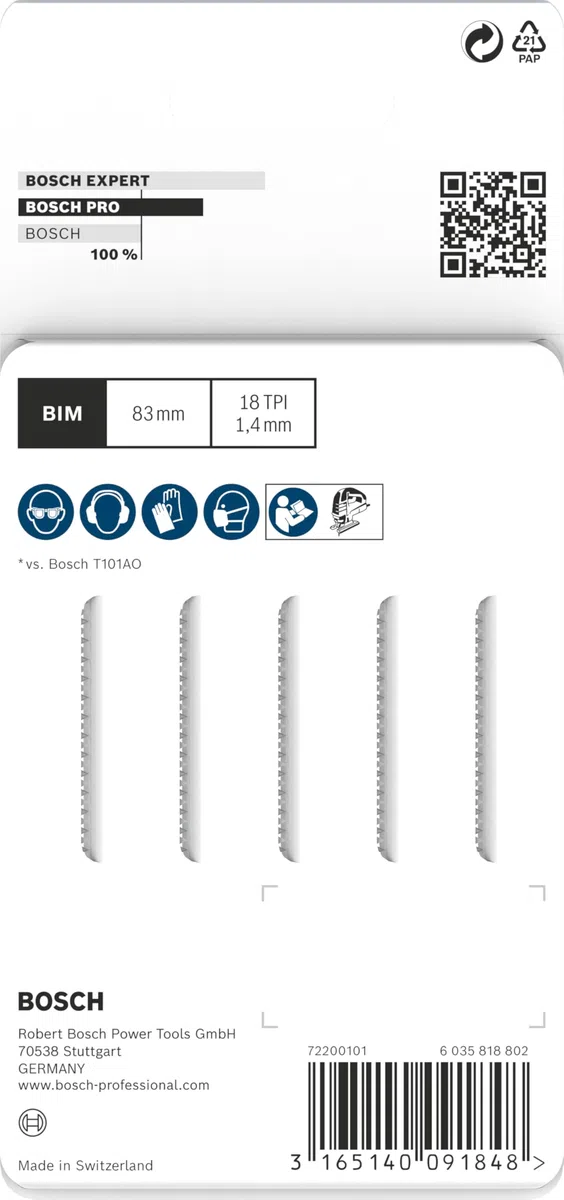 Bosch 5x PRO Hardwood clean T101AOF Stichsägeblatt für Kurvenschnitte (für Hartholz, Multiplexplatte, Länge 83 mm, Professional Zubehör Stichsäge)