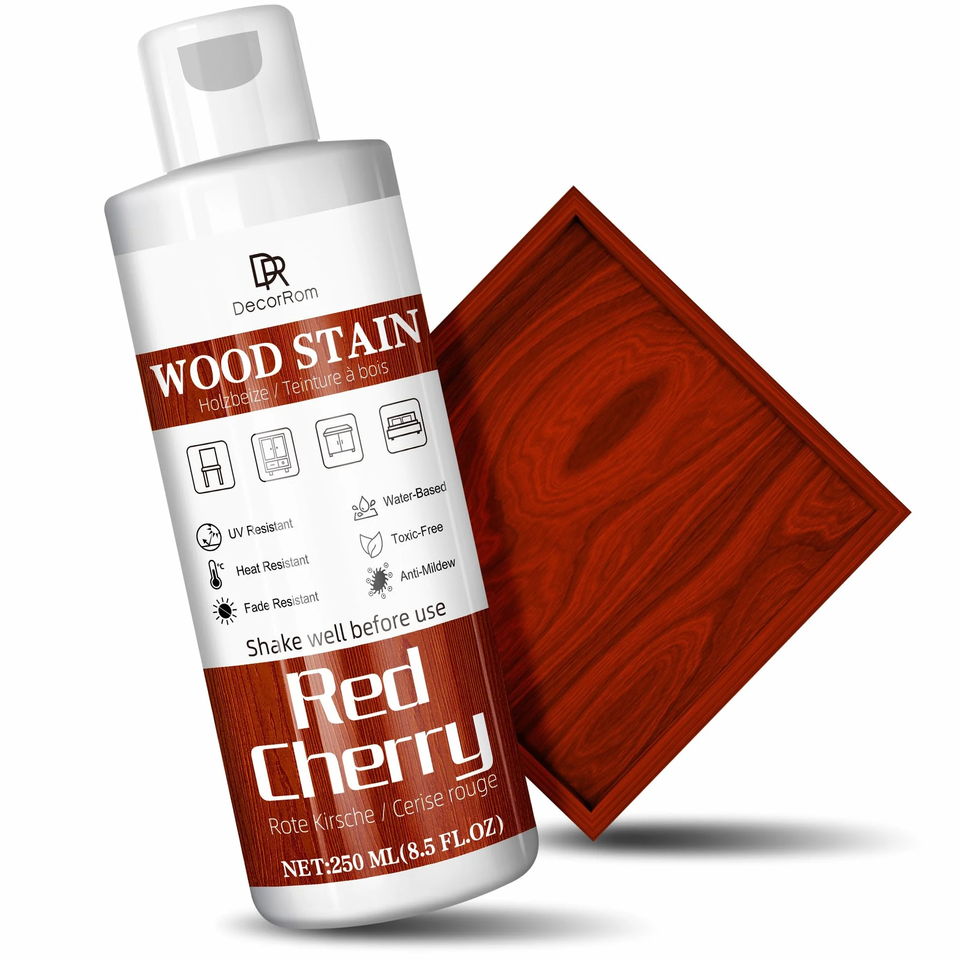 Holzbeize Rote Kirschbaumfarbe, 250ml Wasserbasis Beize Holz, Matt Wood Stain, Schnelltrocknend für HolzmöBel Im Innen Und AußEnbereich, TüRen, Fenster, SchräNke, Wandverkleidungen Geruchsarm