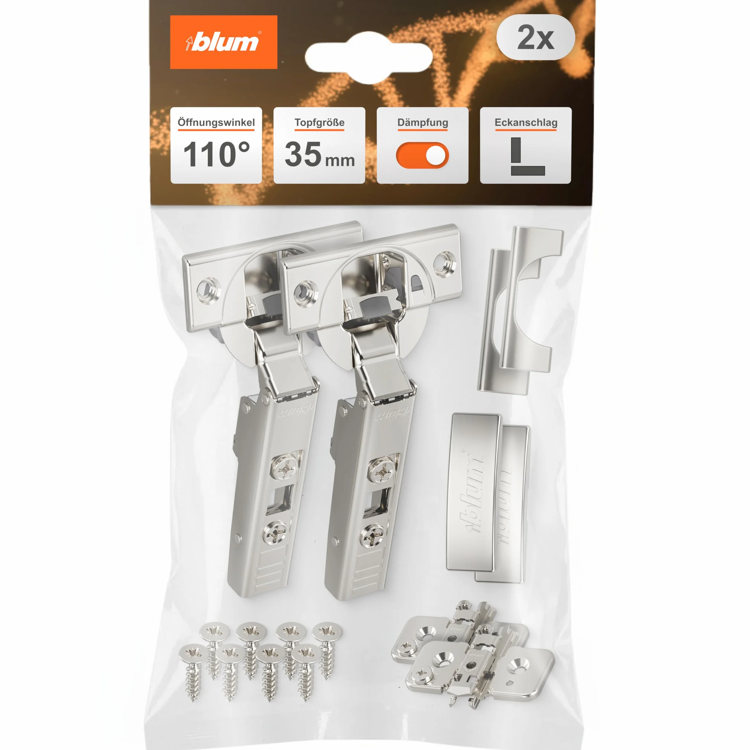 blum 2x CLIP top BLUMOTION Möbelscharnier 110° I Softclose Topfscharnier 35mm I separat montierbare CLIP Kreuzmontageplatte, 0mm Distanz | Dreidimensionale Fronteinstellung | Vernickelt | Eckanschlag