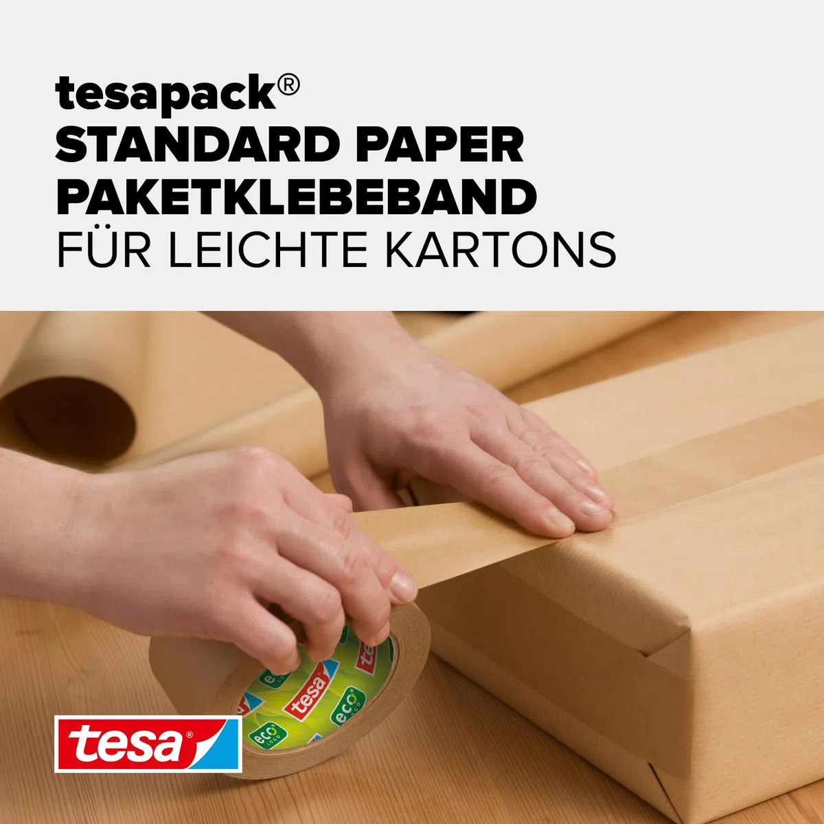 tesa tesapack Standard Paper - Paketklebeband aus Papier - 56 Prozent erneuerbare Materialien - handeinreißbares Klebeband für leichte Pakete - Braun - 3 x 50 m x 50 mm