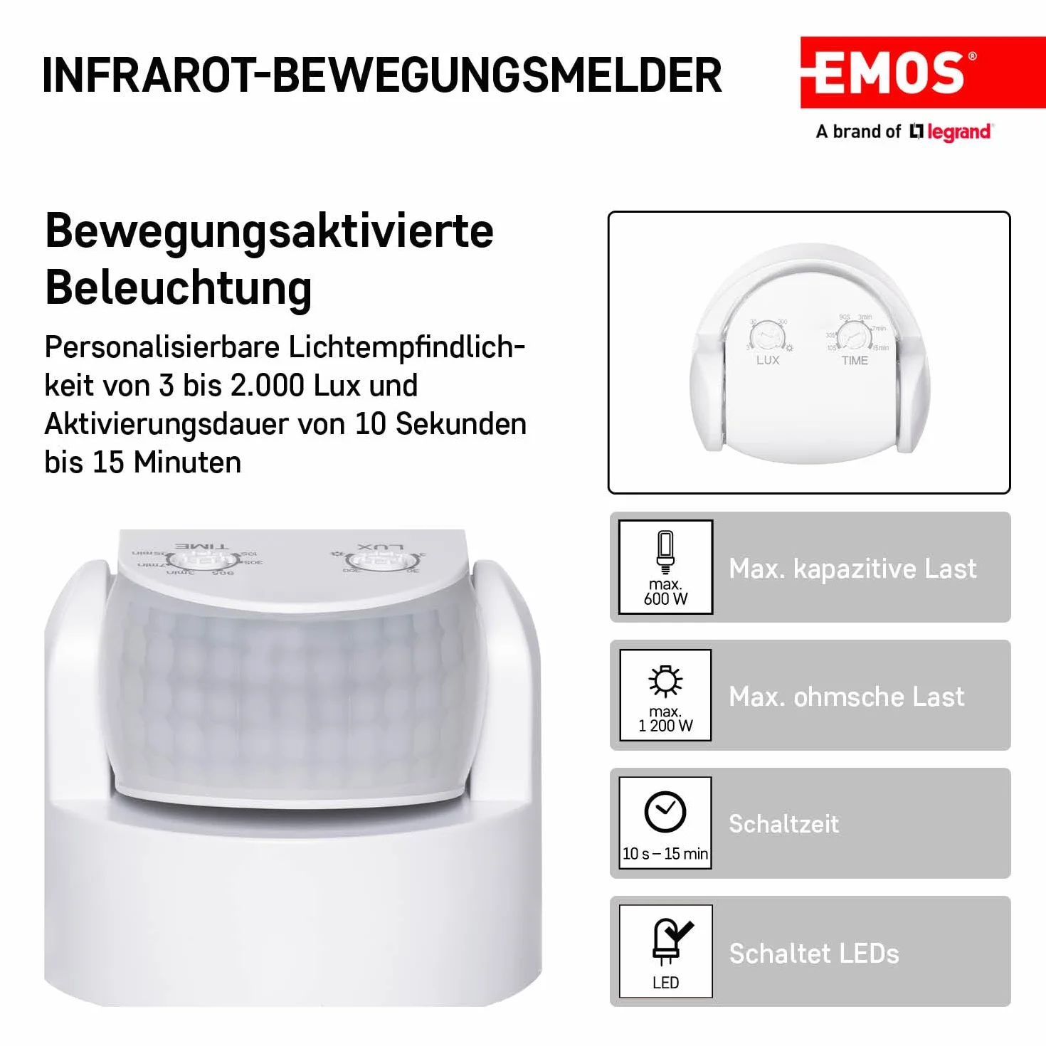 EMOS - Infrarot-Bewegungsmelder wasserdicht - Reichweite 12 m - Empfindlichkeit 3-2000 Lux - Detektionswinkel 180° - Schaltdauer 10 Sek bis 15 Min - 230 V zur Aufputzmontage - für Innen & Außen - weiß
