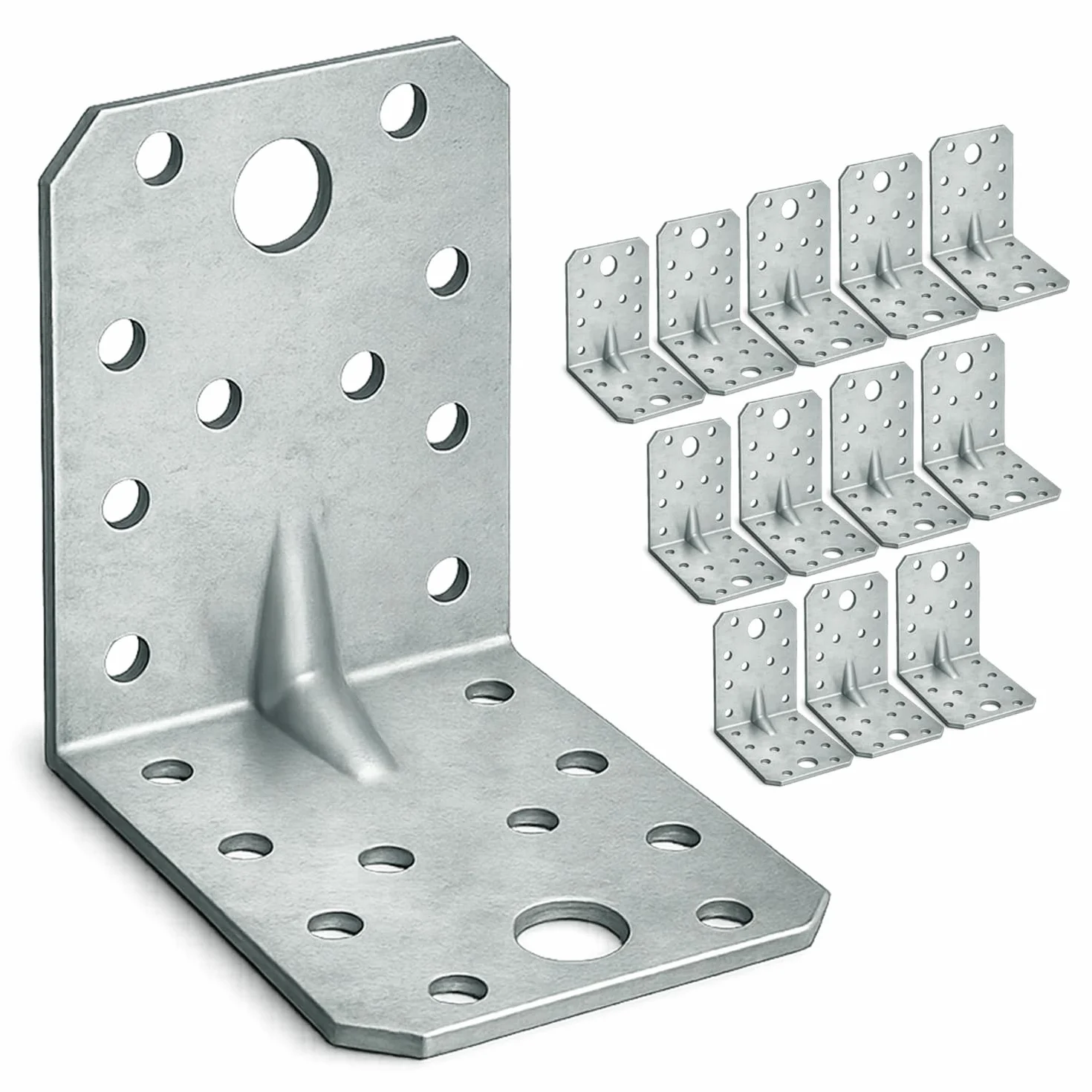 12 x Winkelverbinder mit Sicke (70 x 70 x 55 x 1.5) Lochwinkel Bauwinkel Holzverbinder Schwerlast Verbinder Winkel, Silber Verzinkt