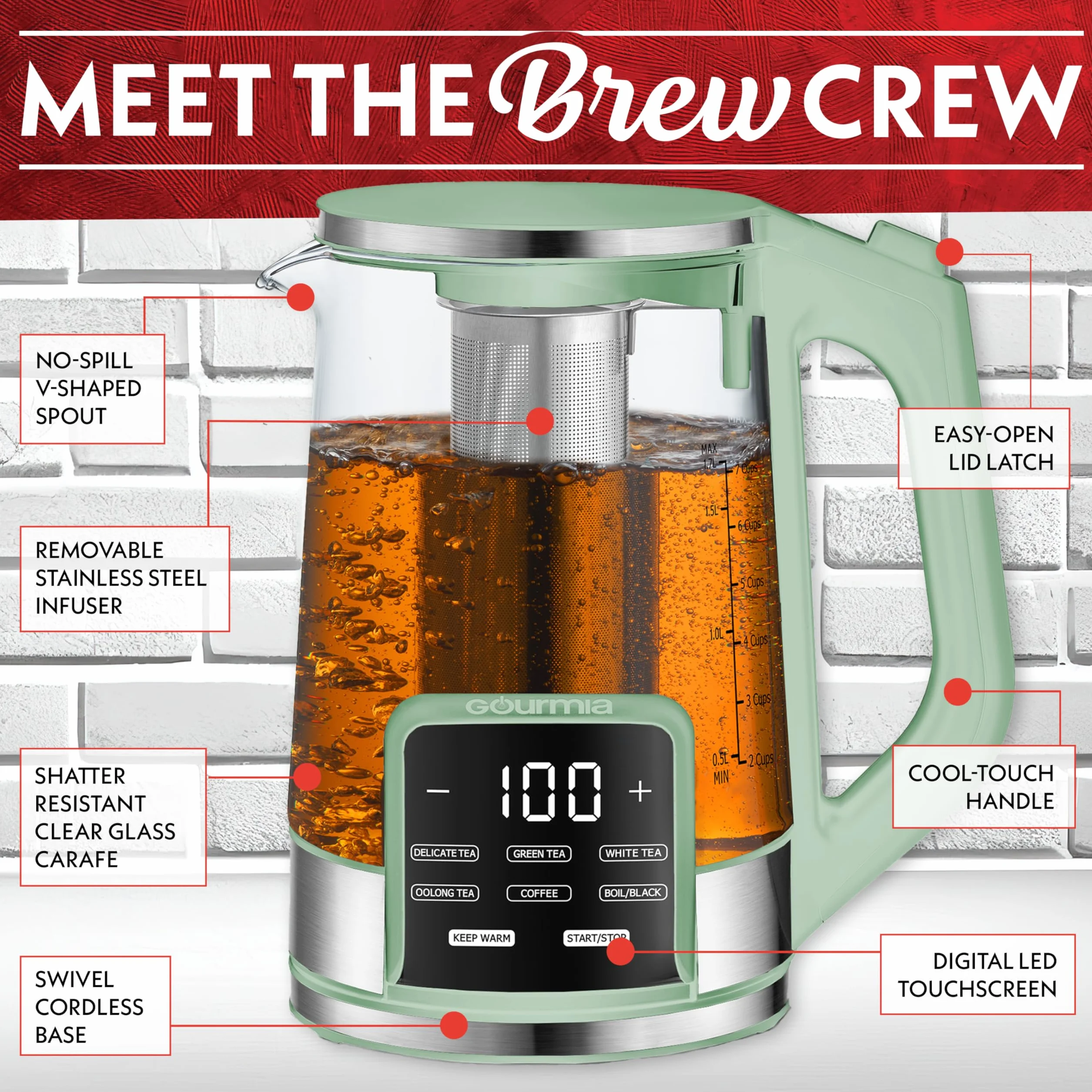 Electric Glass Kettle – 1.7L Programmable Tea & Coffee Brewer with Digital Touch Display, 6 Presets, Removable Stainless Steel Infuser, Cordless with 360° Swivel Base, Green
