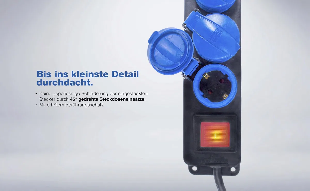 as - Schwabe 3-Fach Verteilersteckdosenleiste mit Schalter, Schutzkontaktsteckdosen mit Klappdeckeln, 1,5 m Leitung, Mehrfachsteckdose für den Außenbereich 230V, 16A, IP44, Schwarz, Blau, 38603