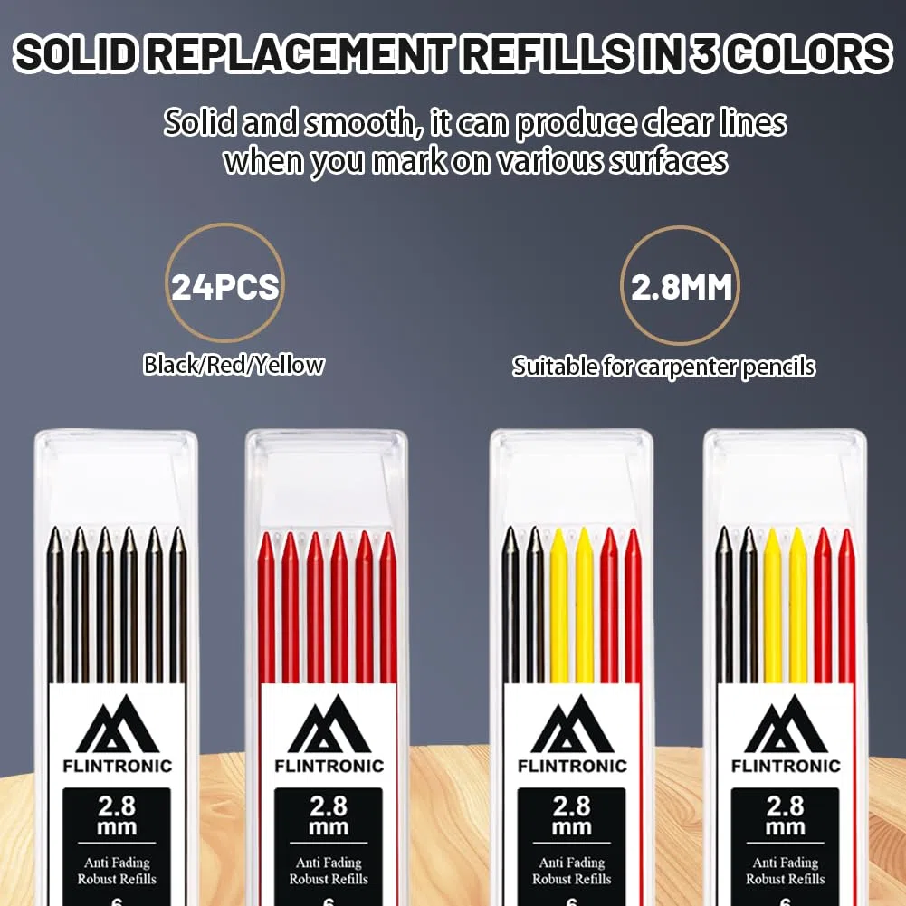flintronic Tieflochmarker Bleistift Set, 8er-Set Zimmermannsbleistifte mit 26 Minen, Bleistift Baustelle, Zimmermannsbleistift mit Etui, Robuster Konstruktionsbleistift für Architekten
