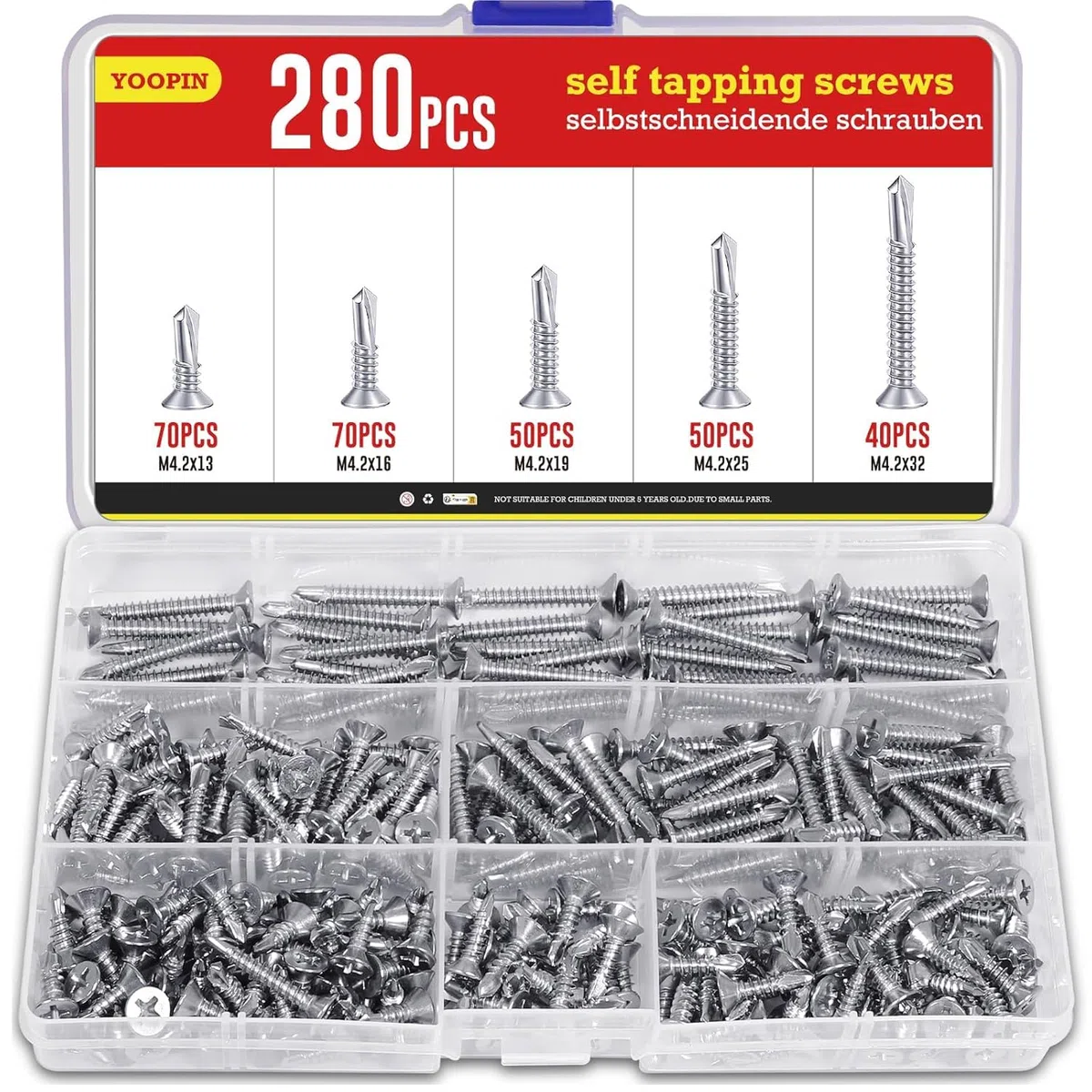 280 Stück Selbstschneidende Schrauben Kit, Edelstahl Blechschrauben Selbstschneidend, M4.2 Selbstbohrende Bohrschrauben (32mm/25mm/19mm/16mm/13mm) für Holz, Metallplatten, Dachfenster