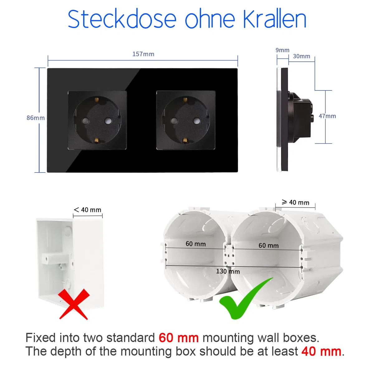 CNBINGO Glas Schuko Steckdose unterputz, Doppelsteckdose Schwarz, Wandsteckdose zweifach mit Glasrahmen