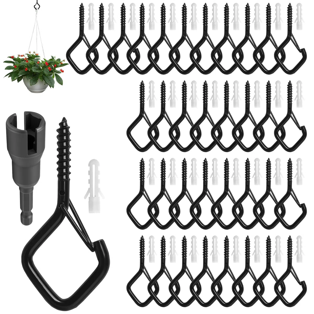 35 Stück Schraubhaken Schwarz, Edelstahl Hakenschrauben mit Sicherung, Haken zum Schrauben, Deckenhaken Wandhaken zum Pflanzenkörben Vogelhäuschen Windspielen Lichterketten (35PCS)