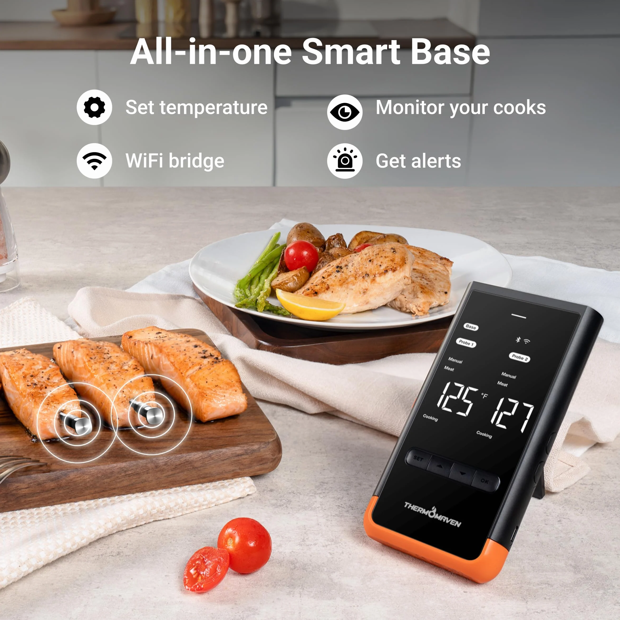 Sub-1G Wireless Meat Thermometer, 2 Probes WiFi Thermometer | 3000FT Open Range, Smart App + Base Control, 6 Sensor NIST ±0.5°F Accuracy, BBQ Smoker Grill Oven, Brisket Steak Turkey Pork