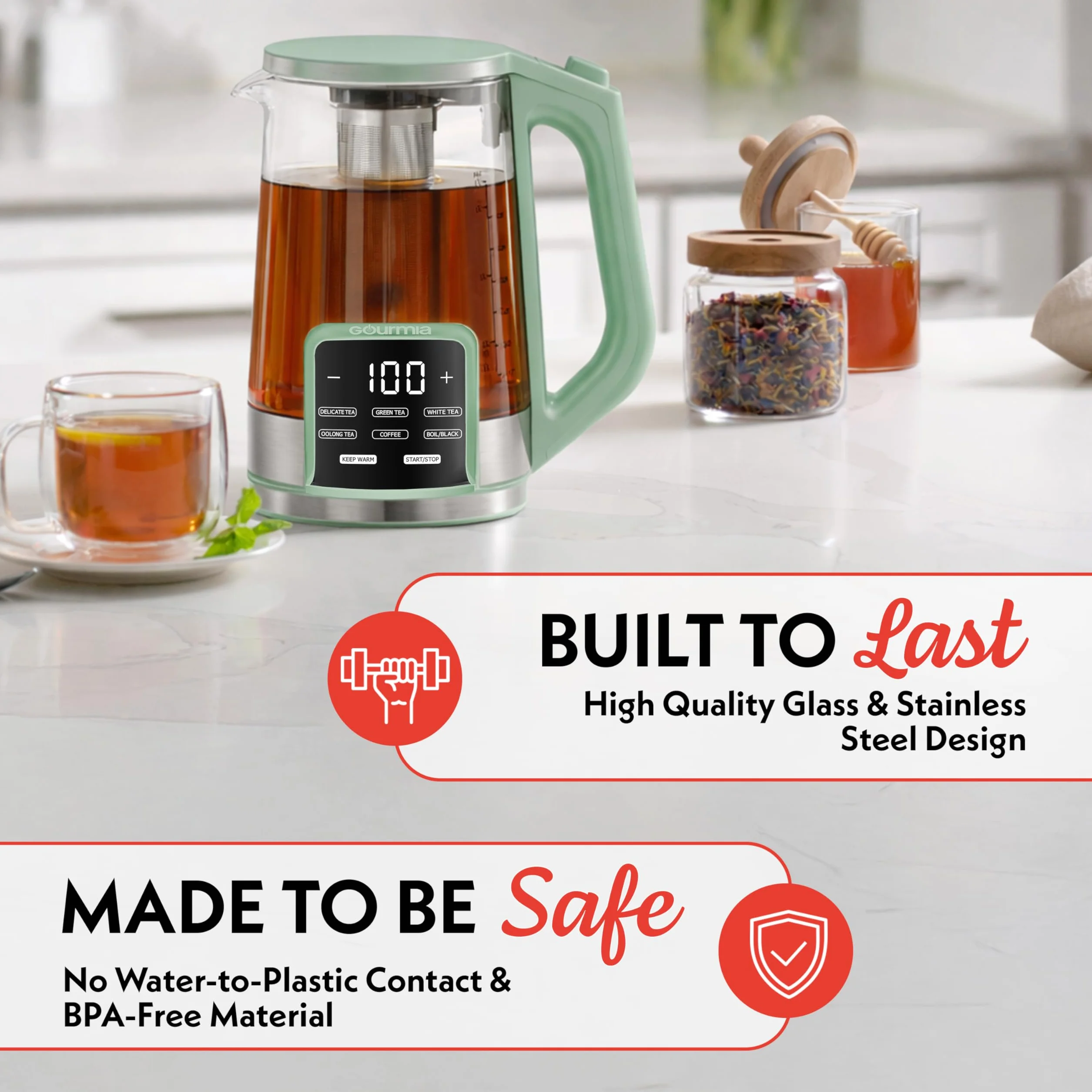 Electric Glass Kettle – 1.7L Programmable Tea & Coffee Brewer with Digital Touch Display, 6 Presets, Removable Stainless Steel Infuser, Cordless with 360° Swivel Base, Green