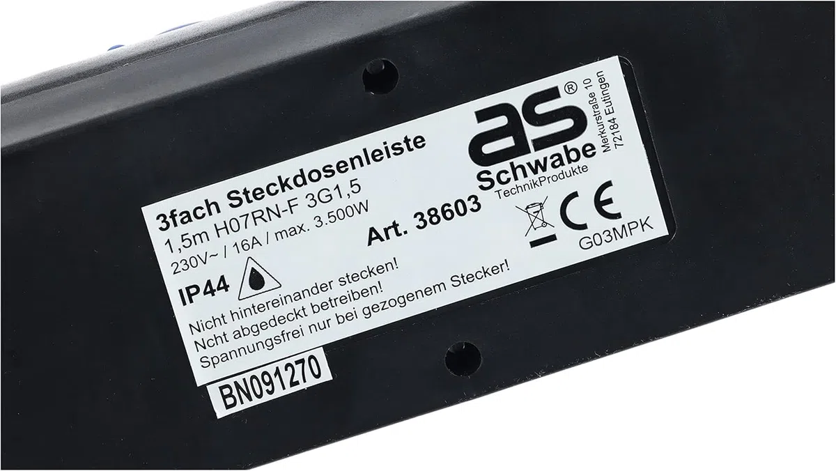 as - Schwabe 3-Fach Verteilersteckdosenleiste mit Schalter, Schutzkontaktsteckdosen mit Klappdeckeln, 1,5 m Leitung, Mehrfachsteckdose für den Außenbereich 230V, 16A, IP44, Schwarz, Blau, 38603
