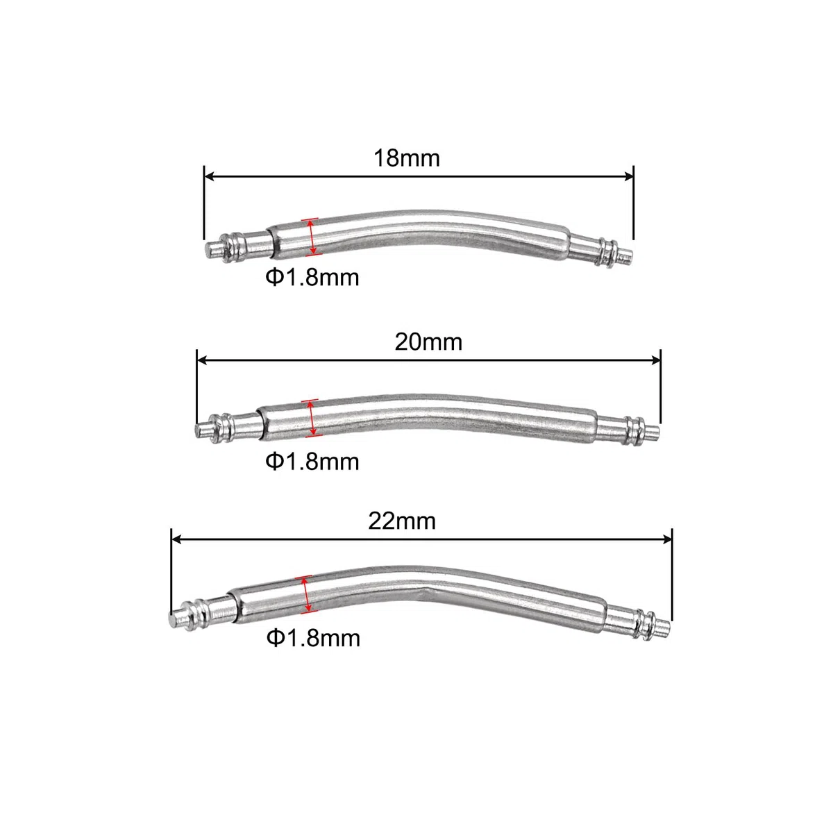 QUARKZMAN 18mm 20mm 22mm Gebogene Federstegstifte 1.8mm Durchmesser Edelstahl Doppelte Flanschspitze Armbandverbindungsstift 60 Stück