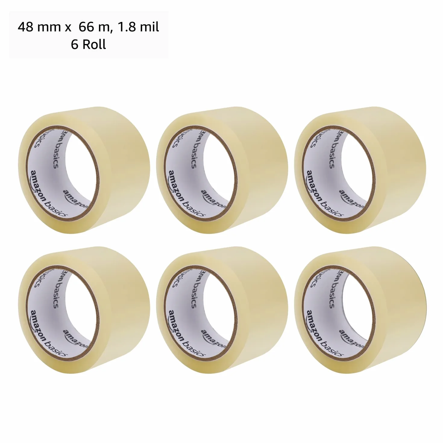 Amazon Basics Paketband, 48 mm x 66 m, 0.046mm dick, transparent, 6 Rollen
