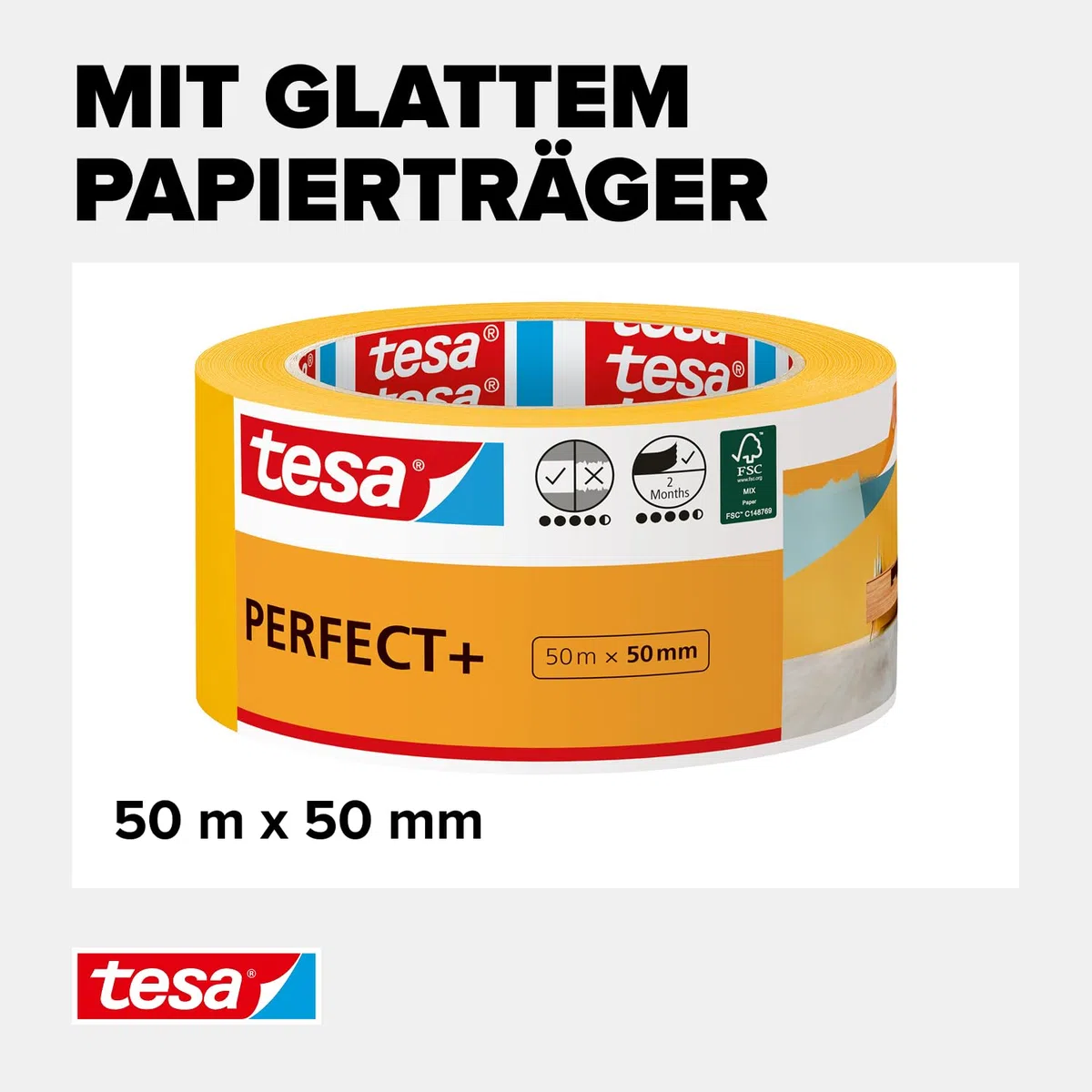 tesa Malerband Perfect+ - Malerkrepp aus dünnem Washi-Papier zum präzisen Abkleben bei Malerarbeiten - für den Innenbereich - 50 m x 50mm