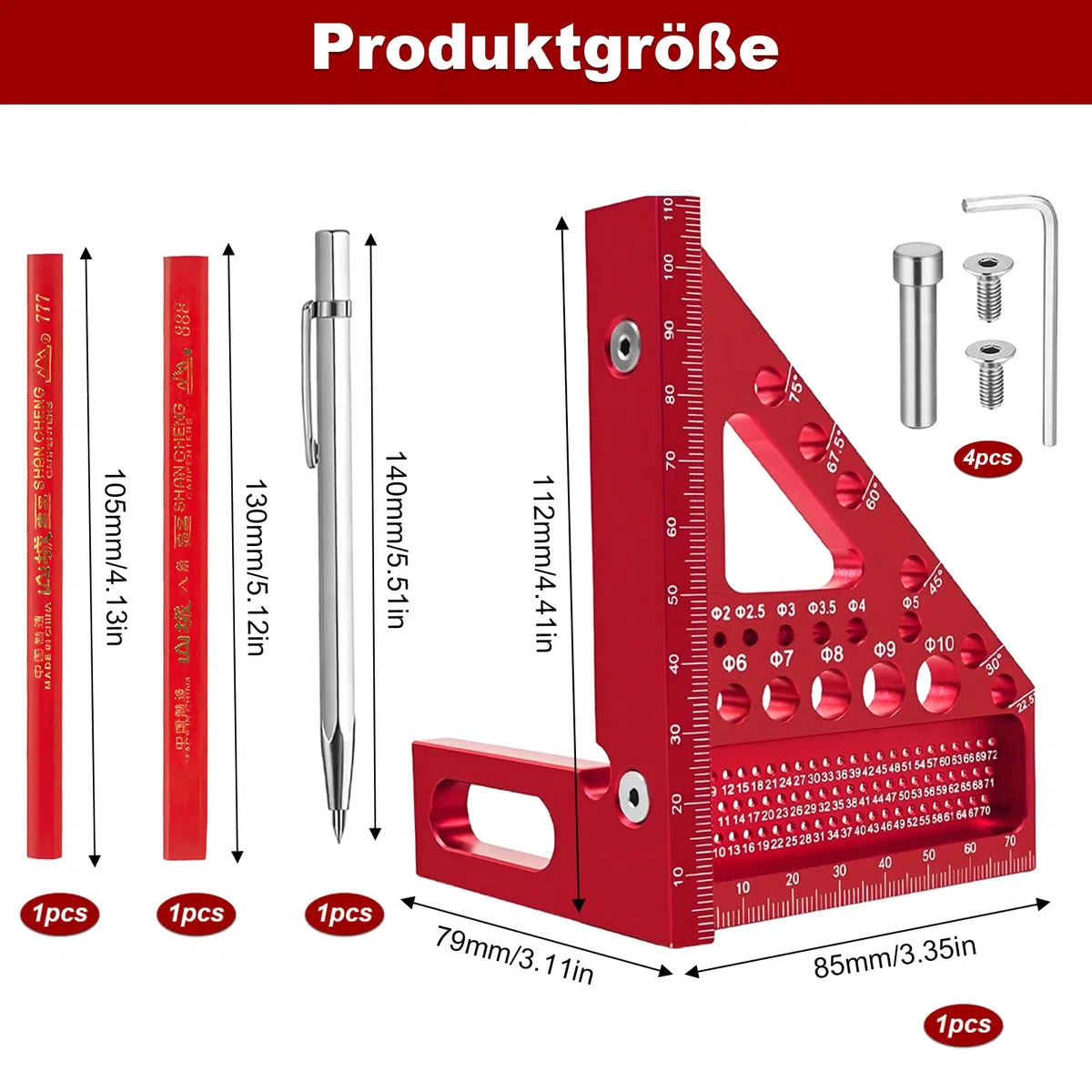 3D-Mehrwinkel-Messlineal, 22.5-90 Gehrungswinkel aus Aluminiumlegierung, Hochpräzise Holzbearbeitung Messwerkzeuge, Präziser Zimmermannswinkel Winkelmesser für Tischler, Ingenieur Rote