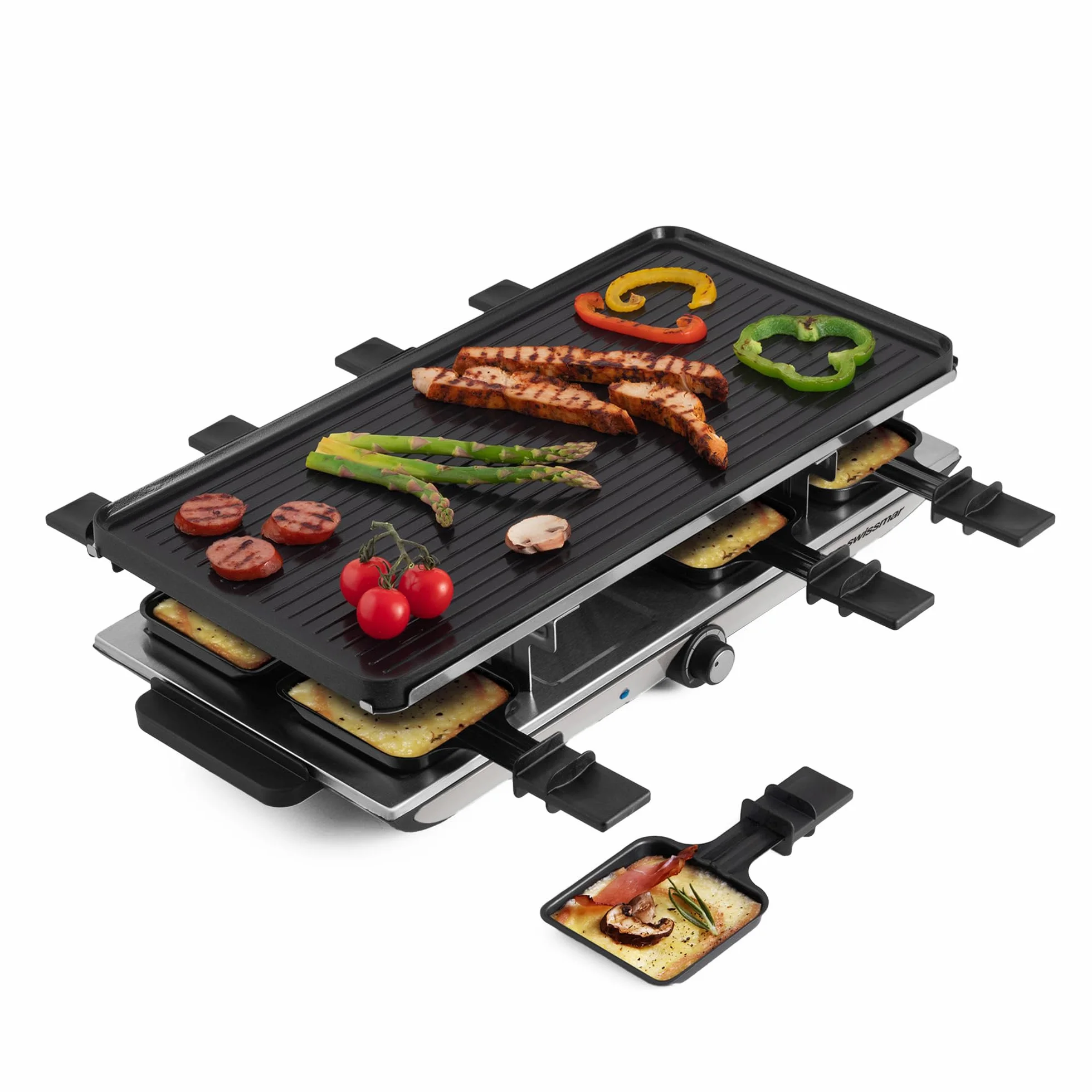 Swissmar Geneva Raclette Grill with Reversible Cast Aluminum Grill Top - Perfect for outdoor & Indoor Electric Raclette Grill & Griller - Barbeque Bonding - 8-Person