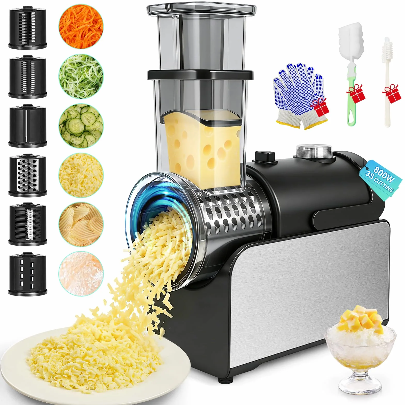 6-IN-1 Electric Cheese Grater Stainless Steel 800W [3S Efficient Cutting] | 800W Heavy Duty Electric Cheese Grater for Block Cheese, Parmesan, Vegetable, salad, Ice Shave（Silver）