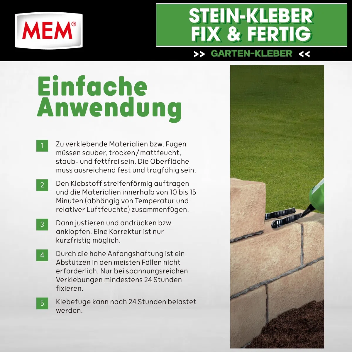 MEM Stein-Kleber Fix & Fertig, Hohe Anfangshaftung, schnelle Aushärtung und sehr hohe Endfestigkeit, Für alle Steinarten, Lösemittelfrei, 445 g Kartusche, Schwarz