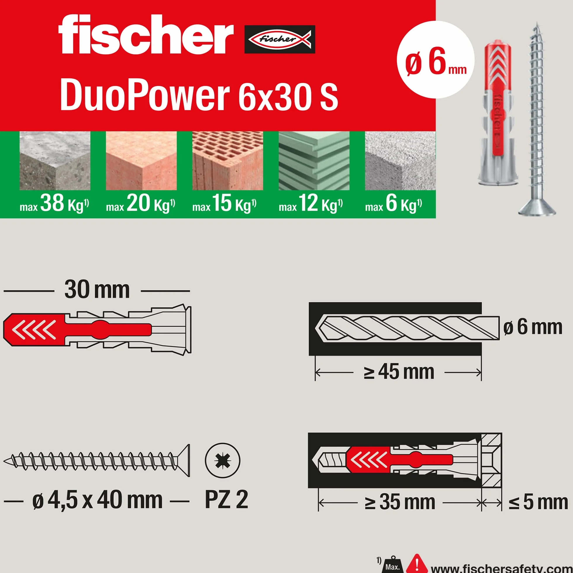Fischer – Dübel Duopower mit Schraube, grau, 544016