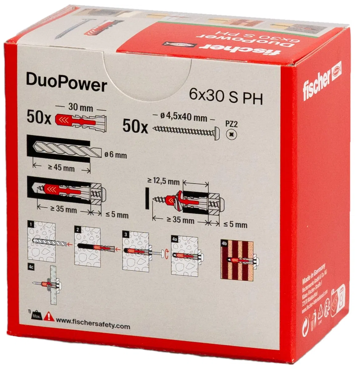 fischer DuoPower 6 x 30 S PH, Universaldübel mit Panheadschraube, 2-Komponenten-Dübel, Kunststoffdübel zur Befestigung in Beton, Ziegeln, Stein, Gipskarton uvm., 50 Dübel + 50 Schrauben