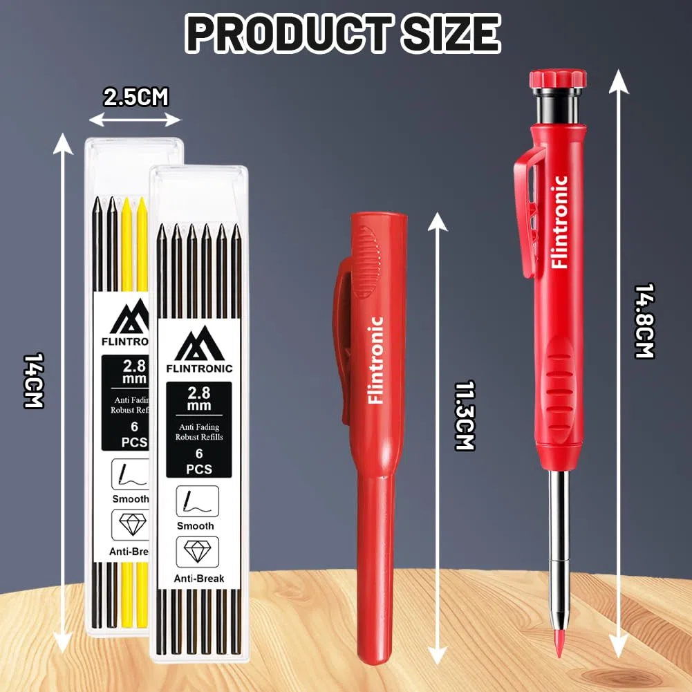 flintronic Tieflochmarker Bleistift Set, 8er-Set Zimmermannsbleistifte mit 26 Minen, Bleistift Baustelle, Zimmermannsbleistift mit Etui, Robuster Konstruktionsbleistift für Architekten