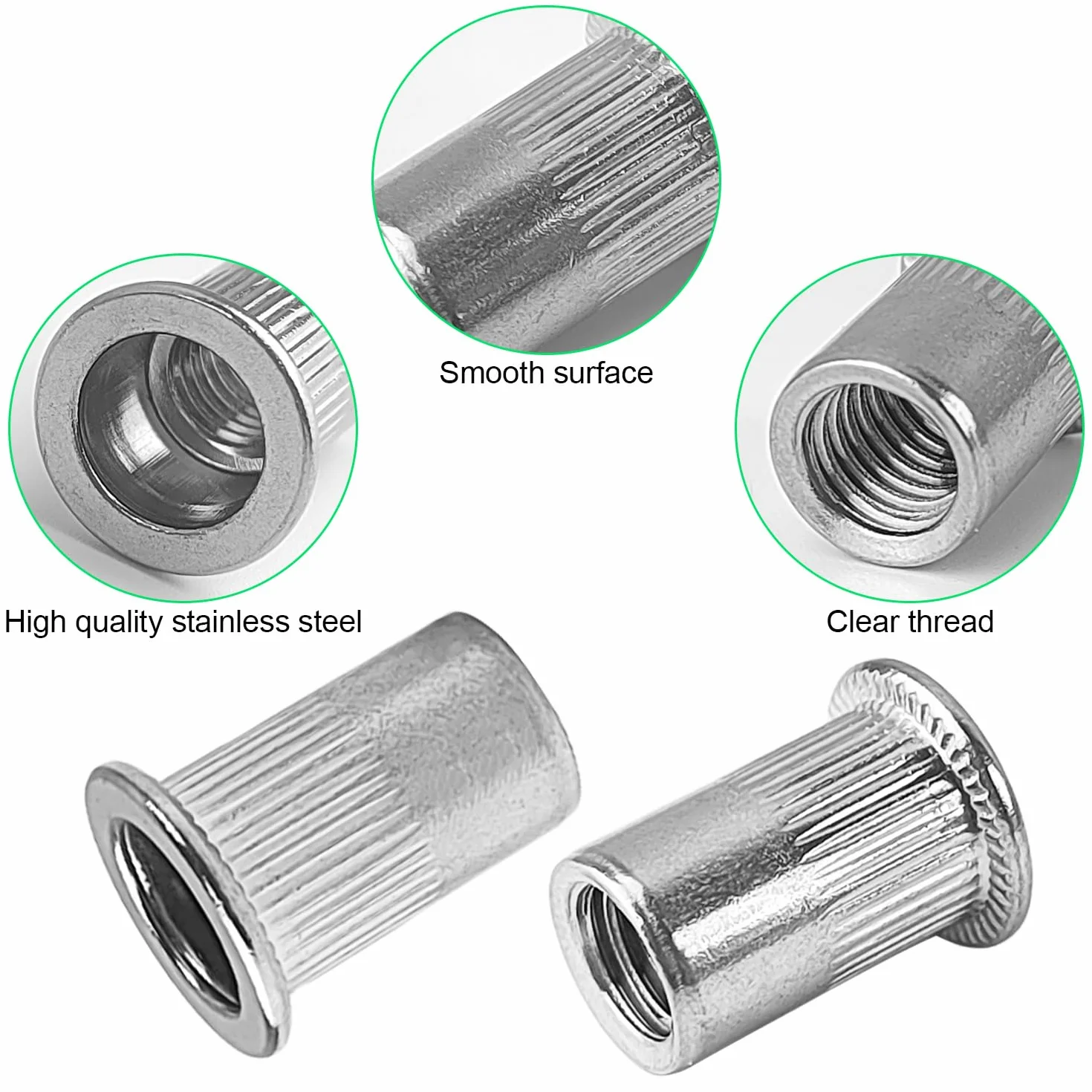 100 Stück Nietmuttern M8, Edelstahl, mit Gerilltem Körper Nietmuttern, Gewindenieten, 10 mm Einpressmuttern, Geeignet für Metall- und Kunststoffplatten (Silber)