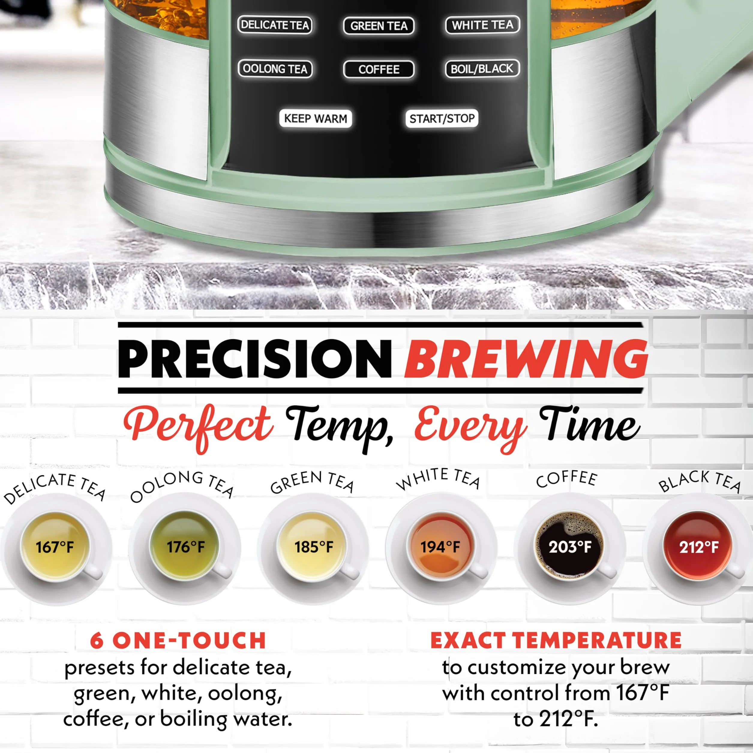 Electric Glass Kettle – 1.7L Programmable Tea & Coffee Brewer with Digital Touch Display, 6 Presets, Removable Stainless Steel Infuser, Cordless with 360° Swivel Base, Green