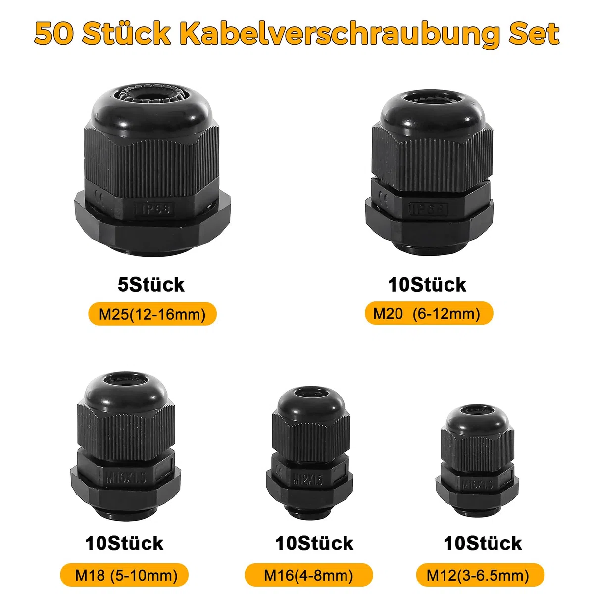 50 Stück Kabelverschraubung Set, Sheryl&Rain IP68 Nylon Kabeldurchführung Wasserdicht M12, M16, M18, M20, M25, Einstellbar Verschraubung Schwarz, Würgenippel Set für Kabel, Abzweigkasten