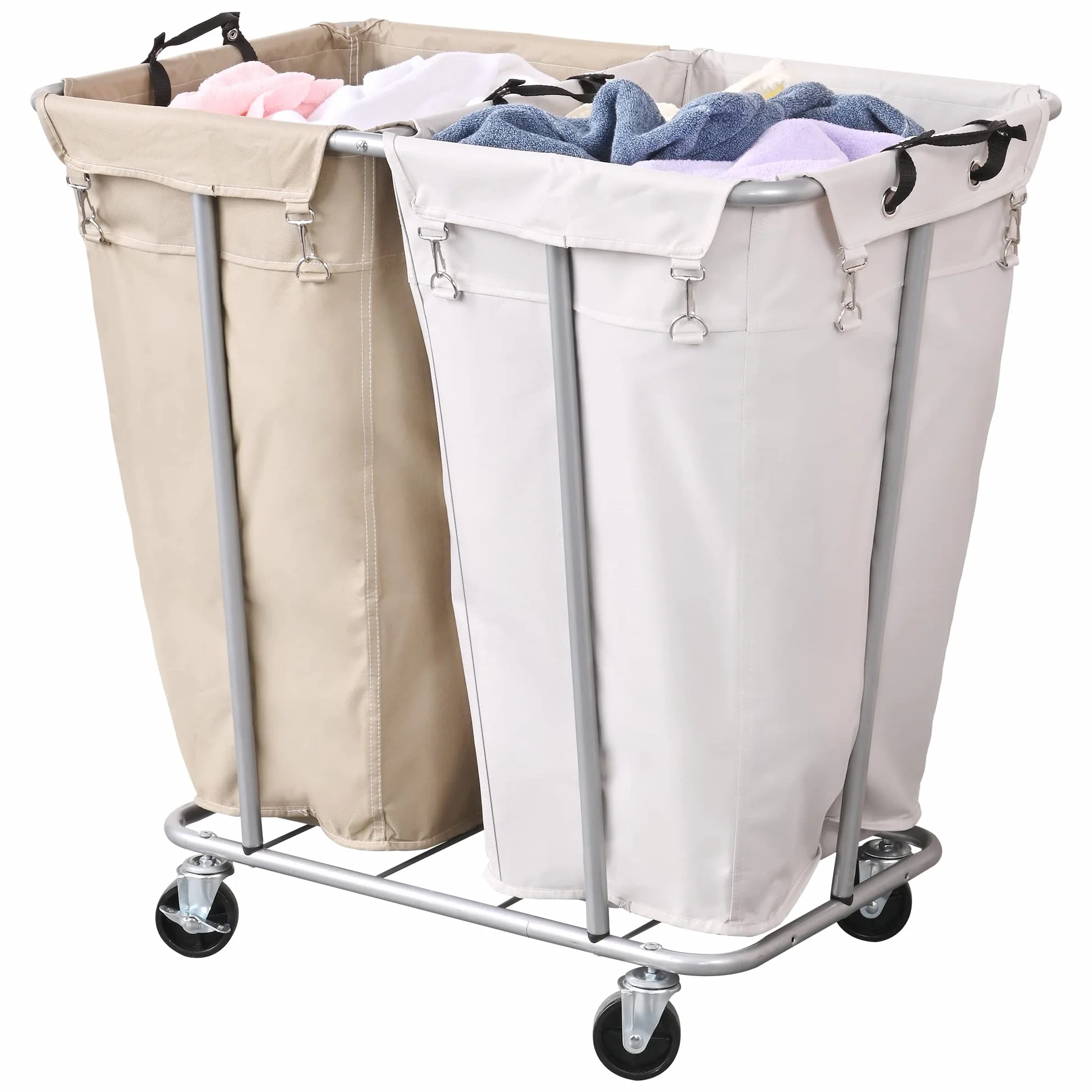 PLKOW 280L 2-Section Rolling Laundry Sorter, Oat and White | Waterproof Oxford bags, sturdy steel frames, and swivel casters support easy laundry sorting, storage, and transport.