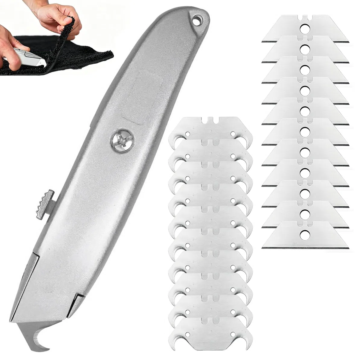 Teppichmesser Hakenklinge,Hakenmesser Cuttermesser mit 20 Ersatzklingen, Teppichmesser Profi für Präzises Schneiden von Teppich, PVC-Böden und Dachmaterialien (10 Trapez / 10 Hakenklingen)