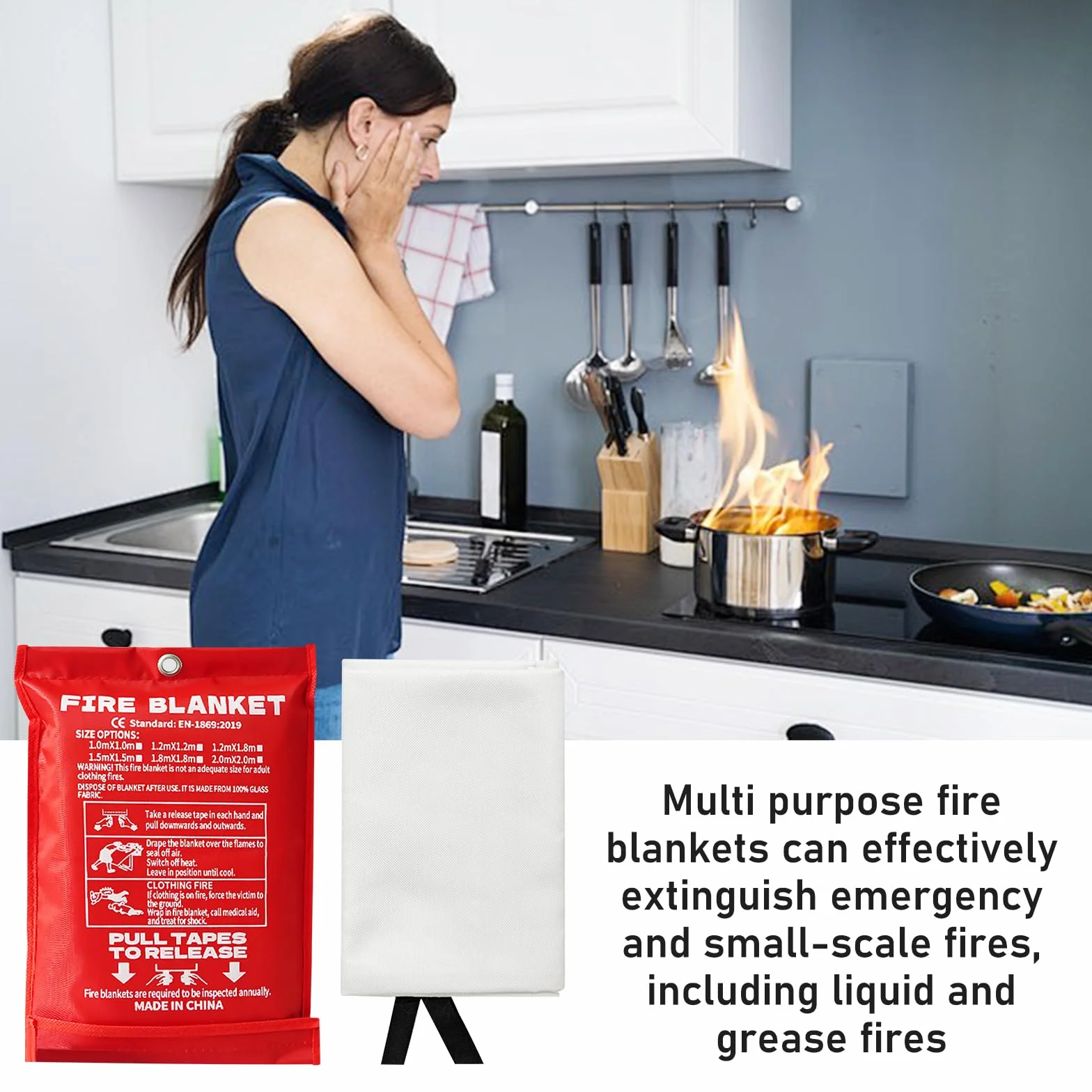 2 Stück Feuerlöschdecke 1x1m, Löschdecke Küche Feuerdecke für Notfälle, Glasfaser Brandschutzdecke EN Norm Zertifiziert Fire Blanket Notfalldecke für Zuhause Auto, Flammschutzmittel (2, 1x1m)