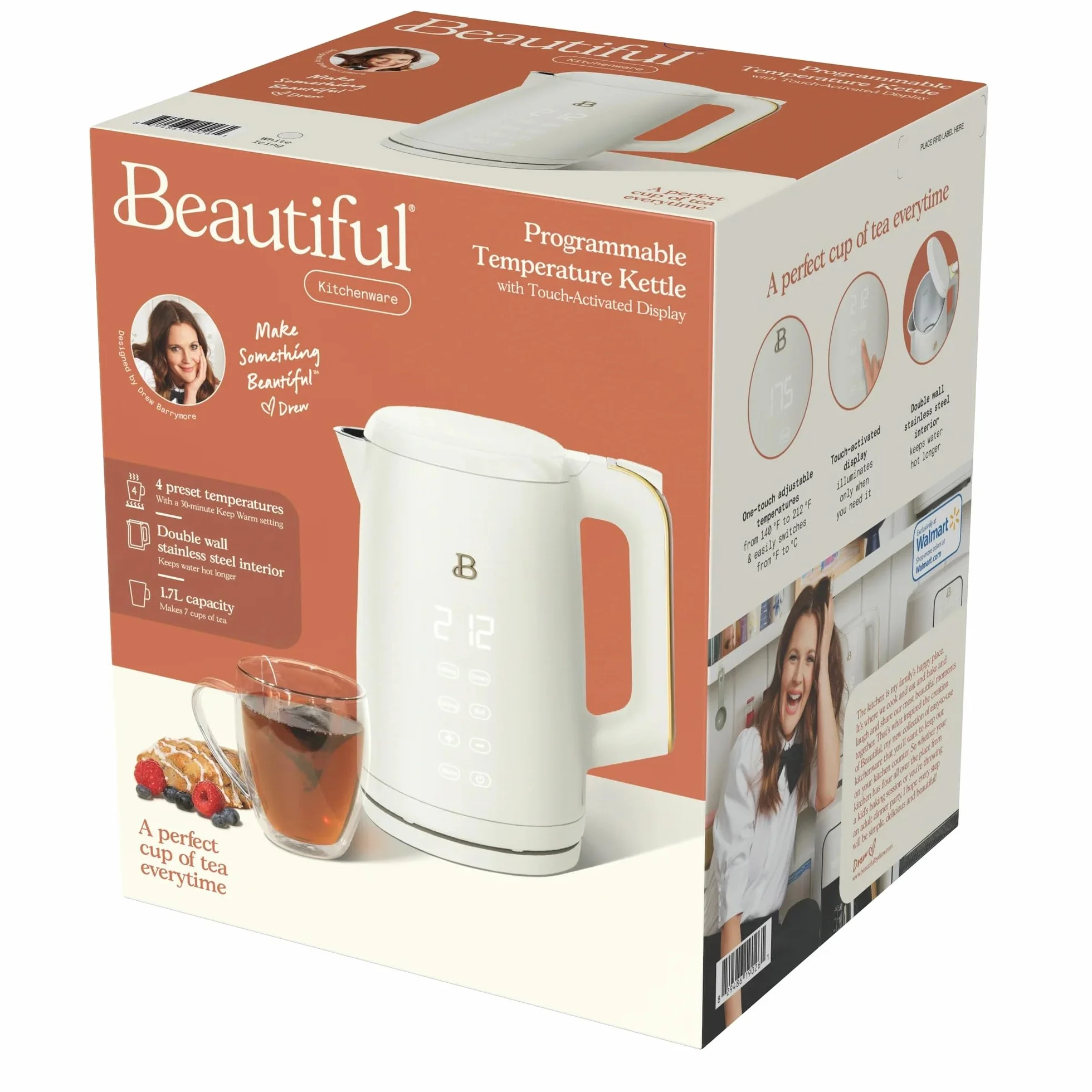 Electric Kettle 1.7L 1500W with Touch-Activated Display, Programmable Temperature Control, 4 Preset Tea Settings, Auto Shut-Off, 360° Base (White Icing)