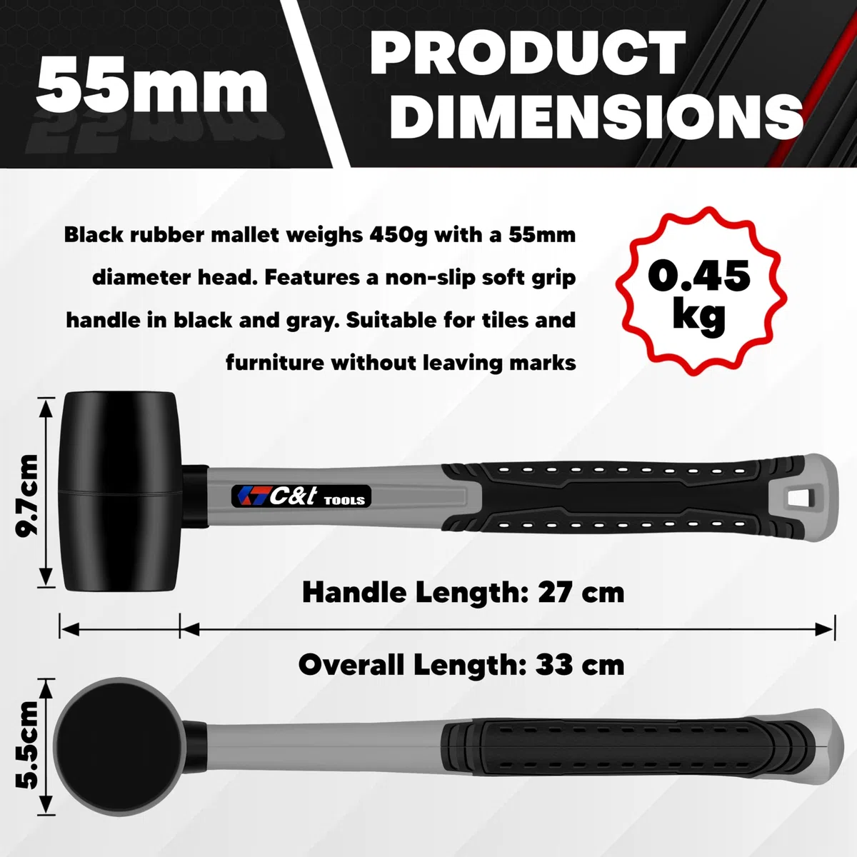 C&T Gummihammer Schwarz 450 g D=55 mm – Mit Rutschfestem Softgriff Aus Glasfaser Und Ergonomischem Design Geeignet Für Die Verwendung Auf Fliesen Und Möbeln Ohne Spuren Zu Hinterlassen.