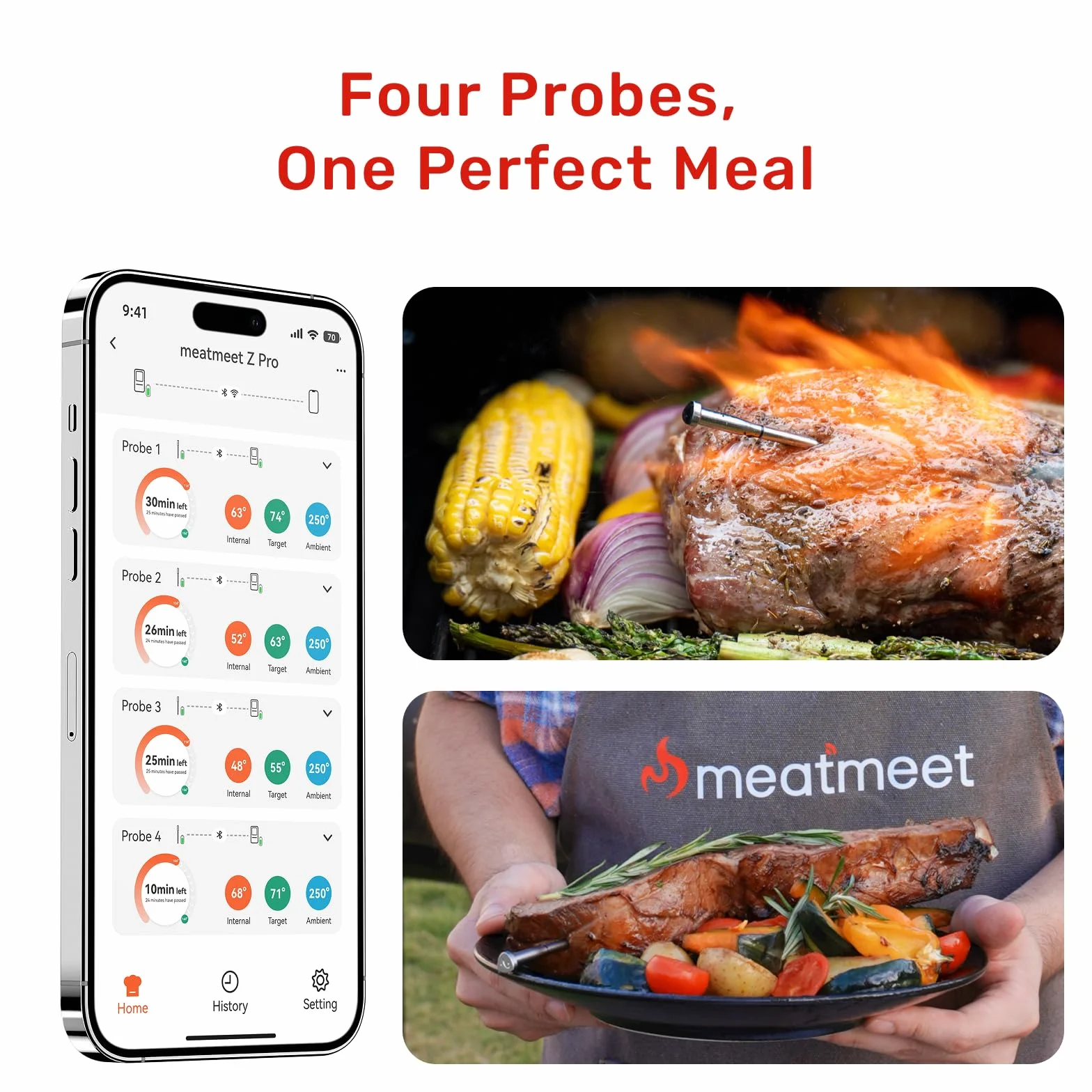 Bluetooth Meat Thermometer Wireless, 4 Probes, Standalone Base | 6 Sensors With ±0.18°F Accuracy, WiFi, IP69 Waterproof, AI-Guided Cooking, for Kitchen, BBQ, Grill, Oven, and Smoker