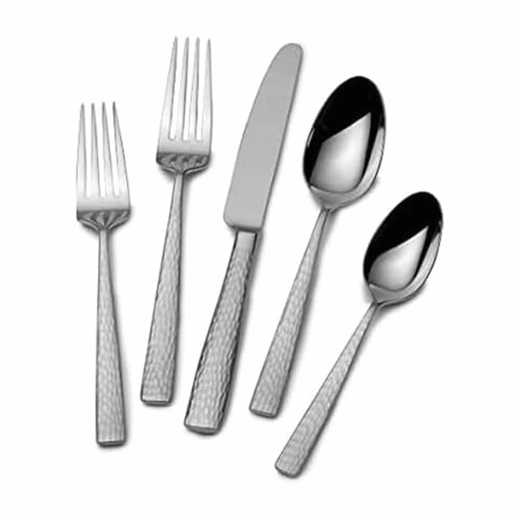 Mikasa Oliver Flatware Set, 65-Piece Service for 12, 18/10 Stainless Steel Silverware with Hammered Design and Satin Finish, Dishwasher Safe Cutlery Set