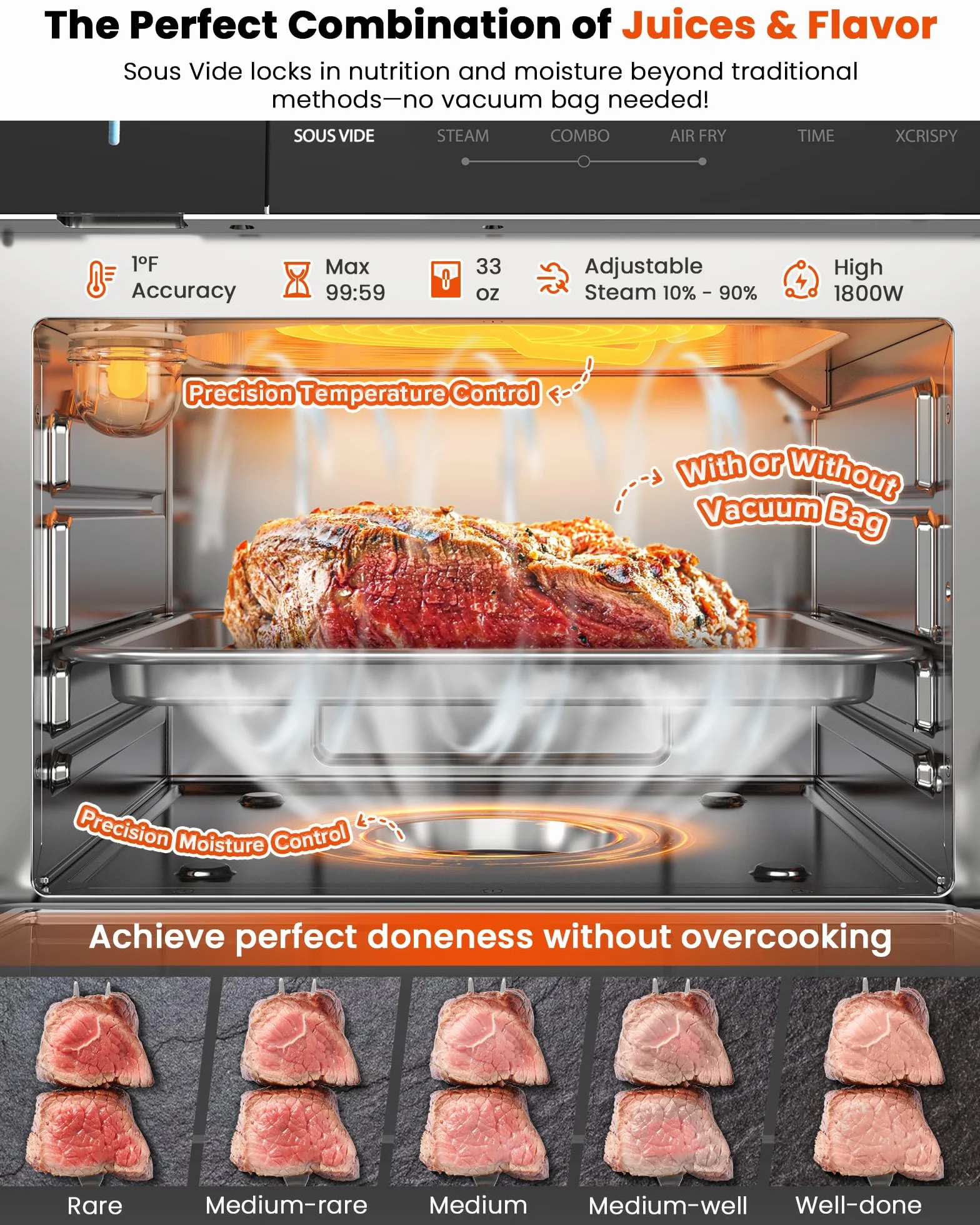 Combi Steam Oven, Non-Toxic Stainless Steel Multi-Cooker, 16 quarts | Air Fry, Sous Vide, Toast & More, 50-450°F Precision, 120 Presets, Moisture Control, Programmable, Easy to Clean