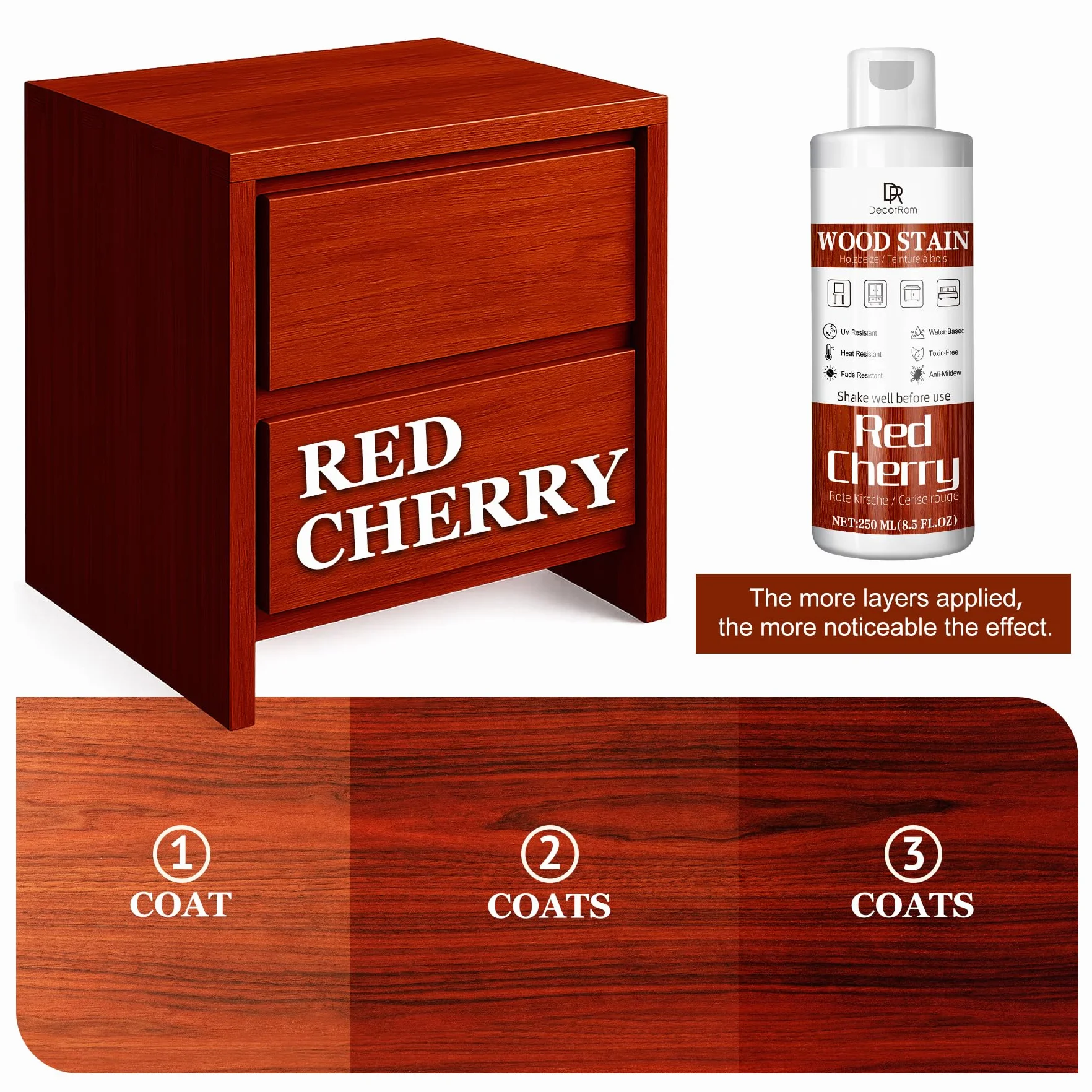 Holzbeize Rote Kirschbaumfarbe, 250ml Wasserbasis Beize Holz, Matt Wood Stain, Schnelltrocknend für HolzmöBel Im Innen Und AußEnbereich, TüRen, Fenster, SchräNke, Wandverkleidungen Geruchsarm