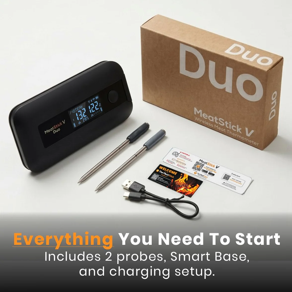 MeatStick V Duo WiFi Wireless Meat Thermometer, Dual Probe LCD Base | 11 sensors total, 1200°F rated, 50+ hr battery, dishwasher safe probes. For Grilling, Smoking, BBQ, Oven, Air Fryer