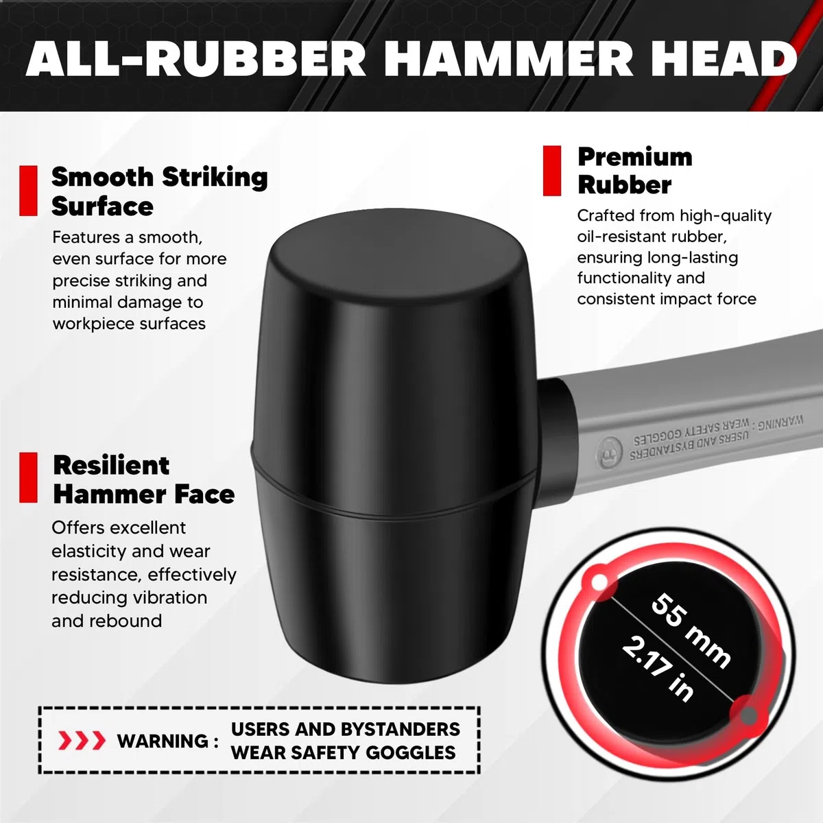 C&T Gummihammer Schwarz 450 g D=55 mm – Mit Rutschfestem Softgriff Aus Glasfaser Und Ergonomischem Design Geeignet Für Die Verwendung Auf Fliesen Und Möbeln Ohne Spuren Zu Hinterlassen.