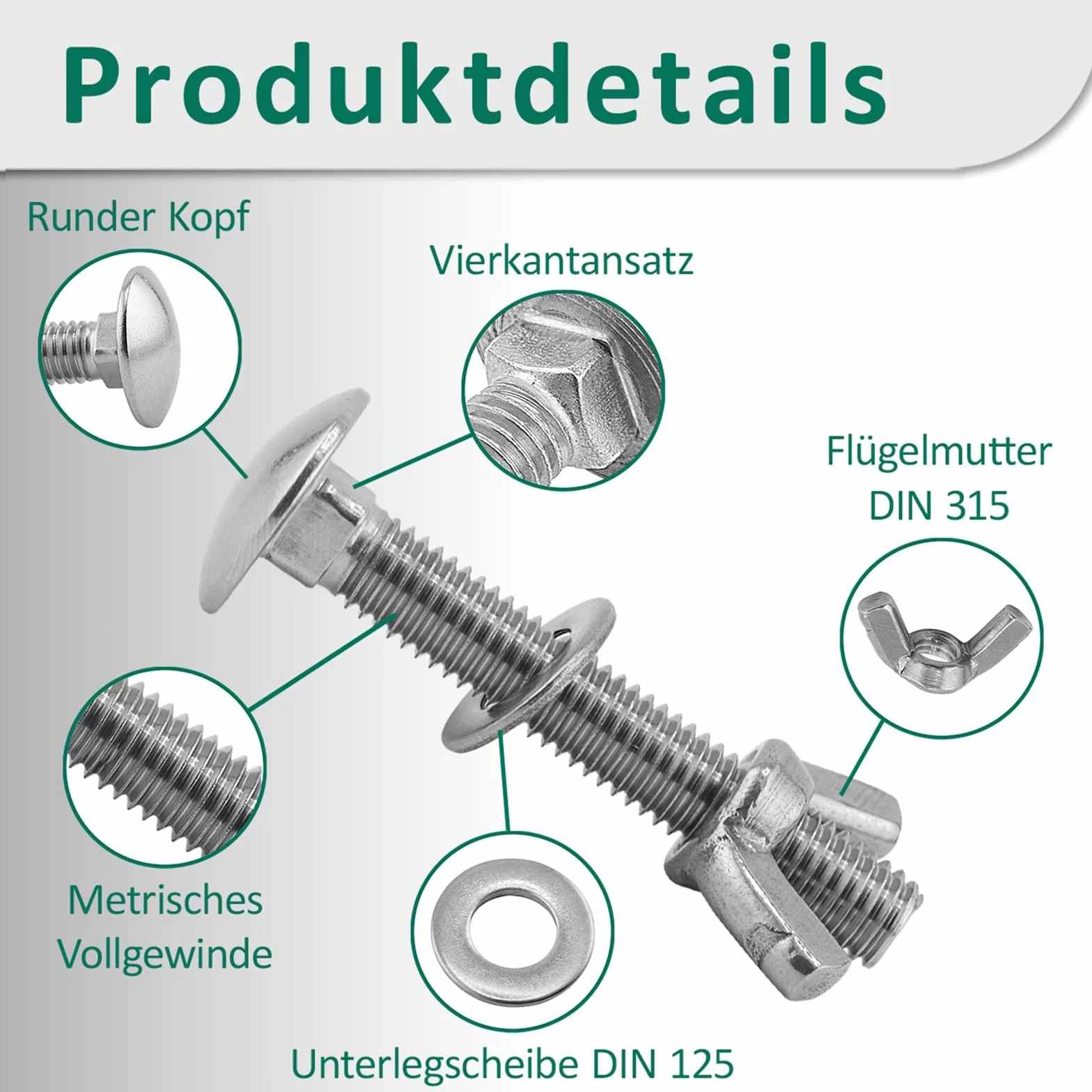 DSM – Schlossschrauben M6 x 80 mm nach DIN 603 – M6 Flügelmutter DIN 315 & Unterlegscheibe DIN 125 – Edelstahl A2/V2A – Flachrundkopfschrauben mit Vierkantansatz – Schmetterlingsmutter – 10 Stück
