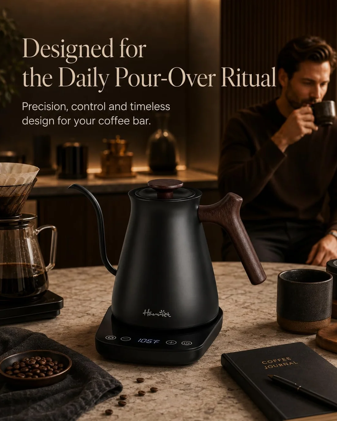 Gooseneck Electric Kettle, 0.8L, 1°F Control, Brew Timer | 120-Min Keep Warm, 104–203°F Control, Built-In Brew Timer, SUS304 Stainless Steel, Wood-Accent Handle for Pour-Over Coffee