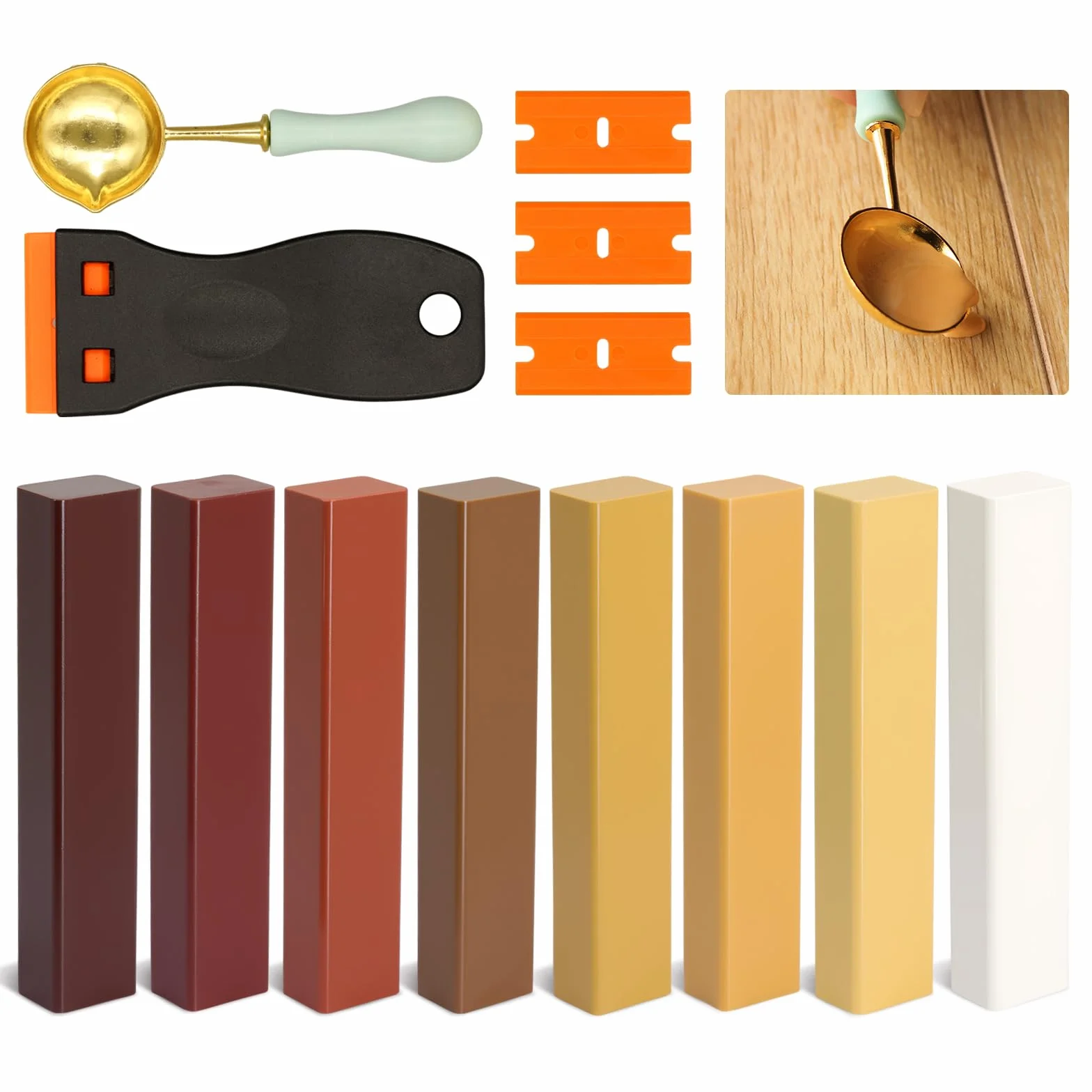 Hartwachs Reparaturset 8 Farben Braun, Laminat Reparaturset, Parkett Reparaturset, Vinyl Reparaturset, Holzreparatur Set, Holzwachs Reparatur für Reparatur von Kratzern, Rissen, Löchern auf Laminat