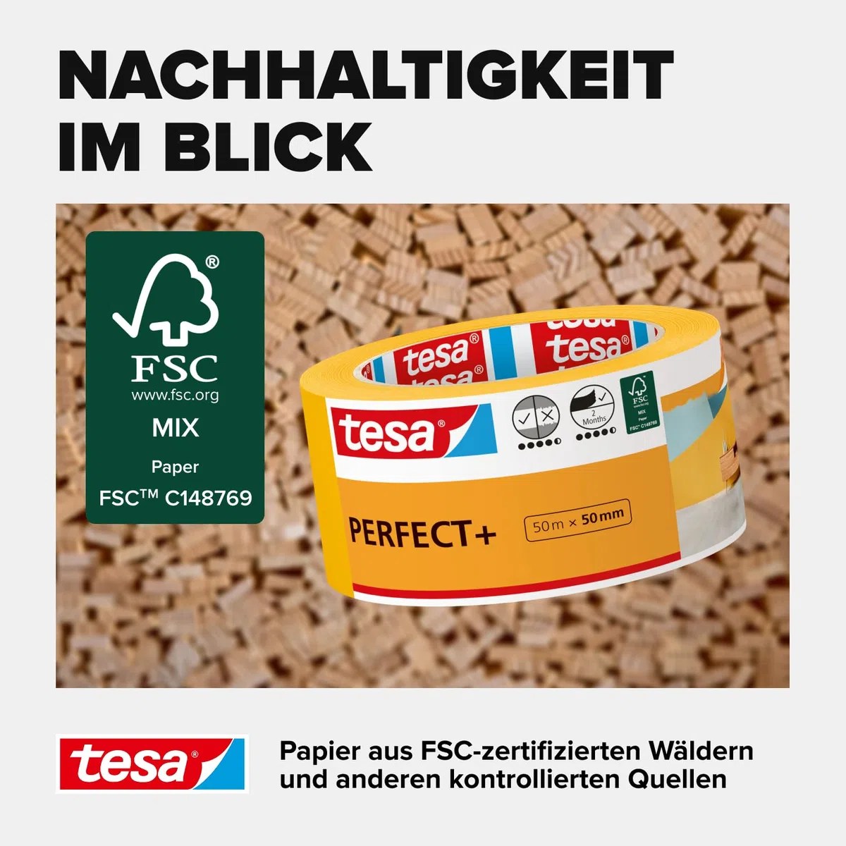 tesa Malerband Perfect+ - Malerkrepp aus dünnem Washi-Papier zum präzisen Abkleben bei Malerarbeiten - für den Innenbereich - 50 m x 50mm