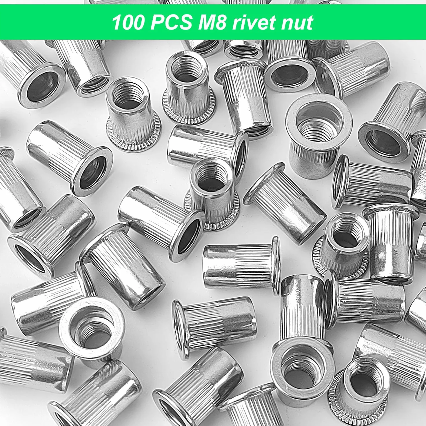 100 Stück Nietmuttern M8, Edelstahl, mit Gerilltem Körper Nietmuttern, Gewindenieten, 10 mm Einpressmuttern, Geeignet für Metall- und Kunststoffplatten (Silber)