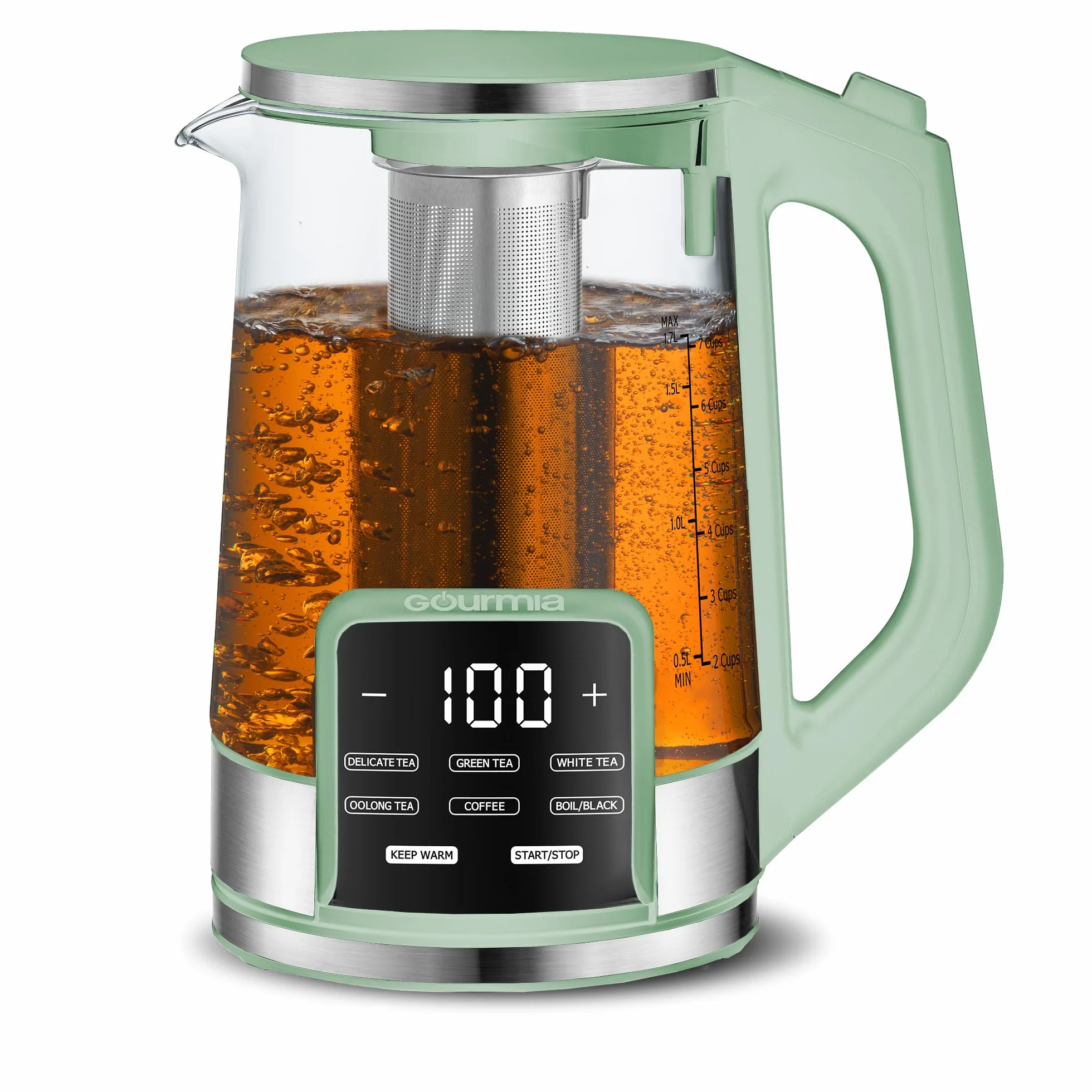 Electric Glass Kettle – 1.7L Programmable Tea & Coffee Brewer with Digital Touch Display, 6 Presets, Removable Stainless Steel Infuser, Cordless with 360° Swivel Base, Green