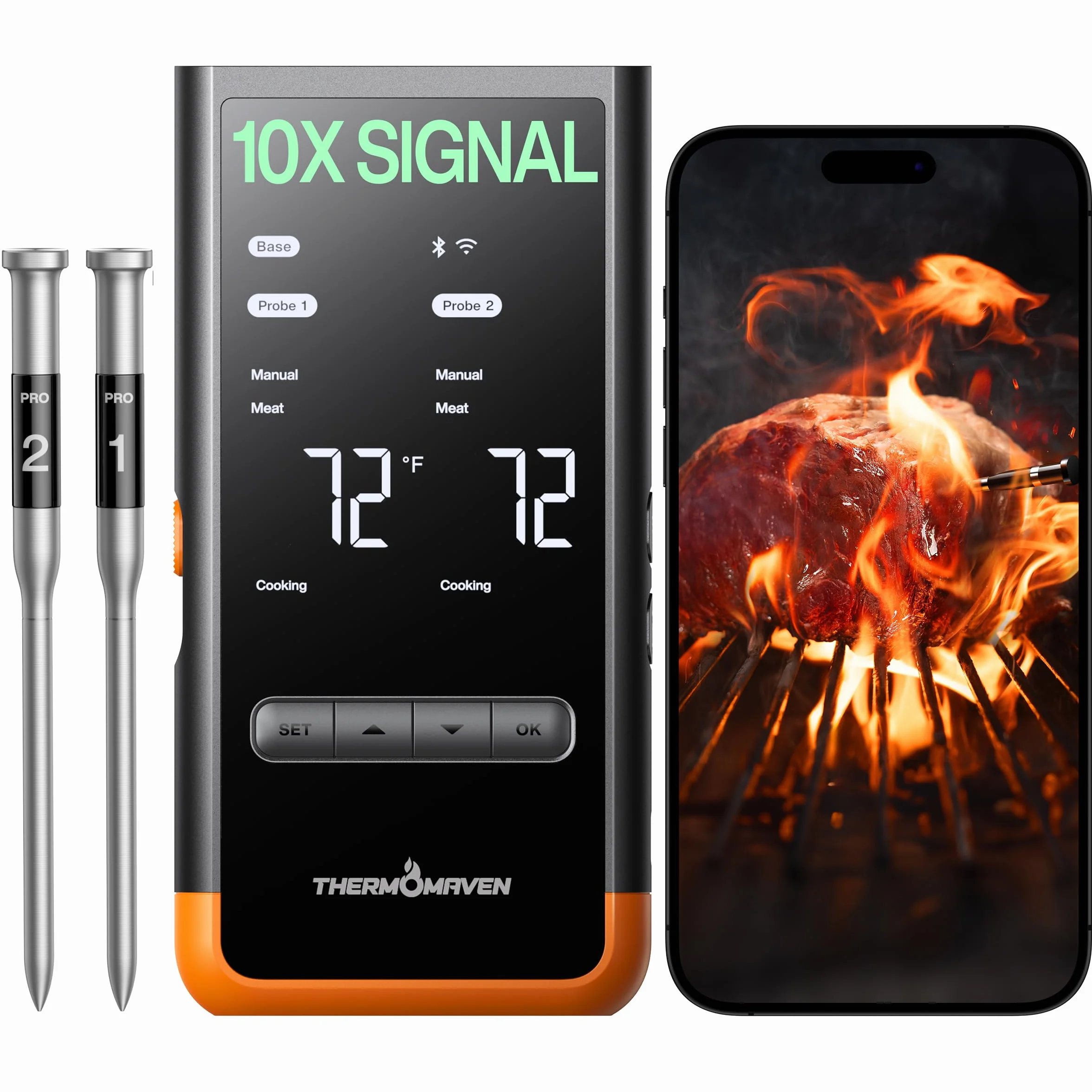 Sub-1G Wireless Meat Thermometer, 2 Probes WiFi Thermometer | 3000FT Open Range, Smart App + Base Control, 6 Sensor NIST ±0.5°F Accuracy, BBQ Smoker Grill Oven, Brisket Steak Turkey Pork